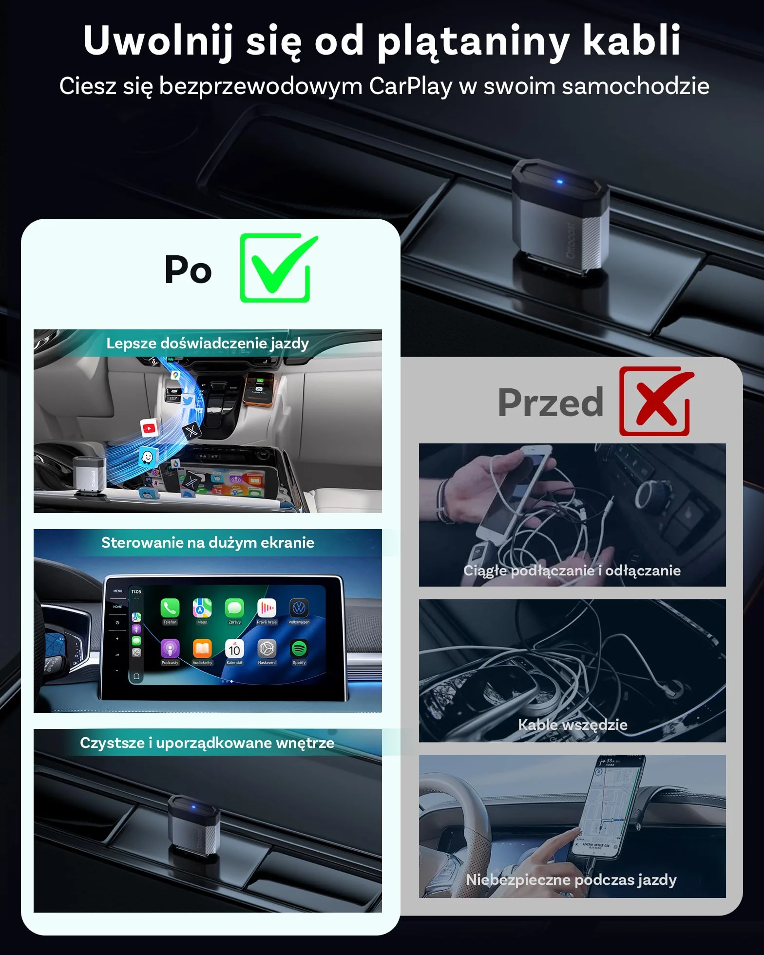 Ottocast Mini Nova Bezprzewodowy Adapter CarPlay Android Auto USB Plug Play Automatyczne Połączenie Aluminiowa Konstrukcja