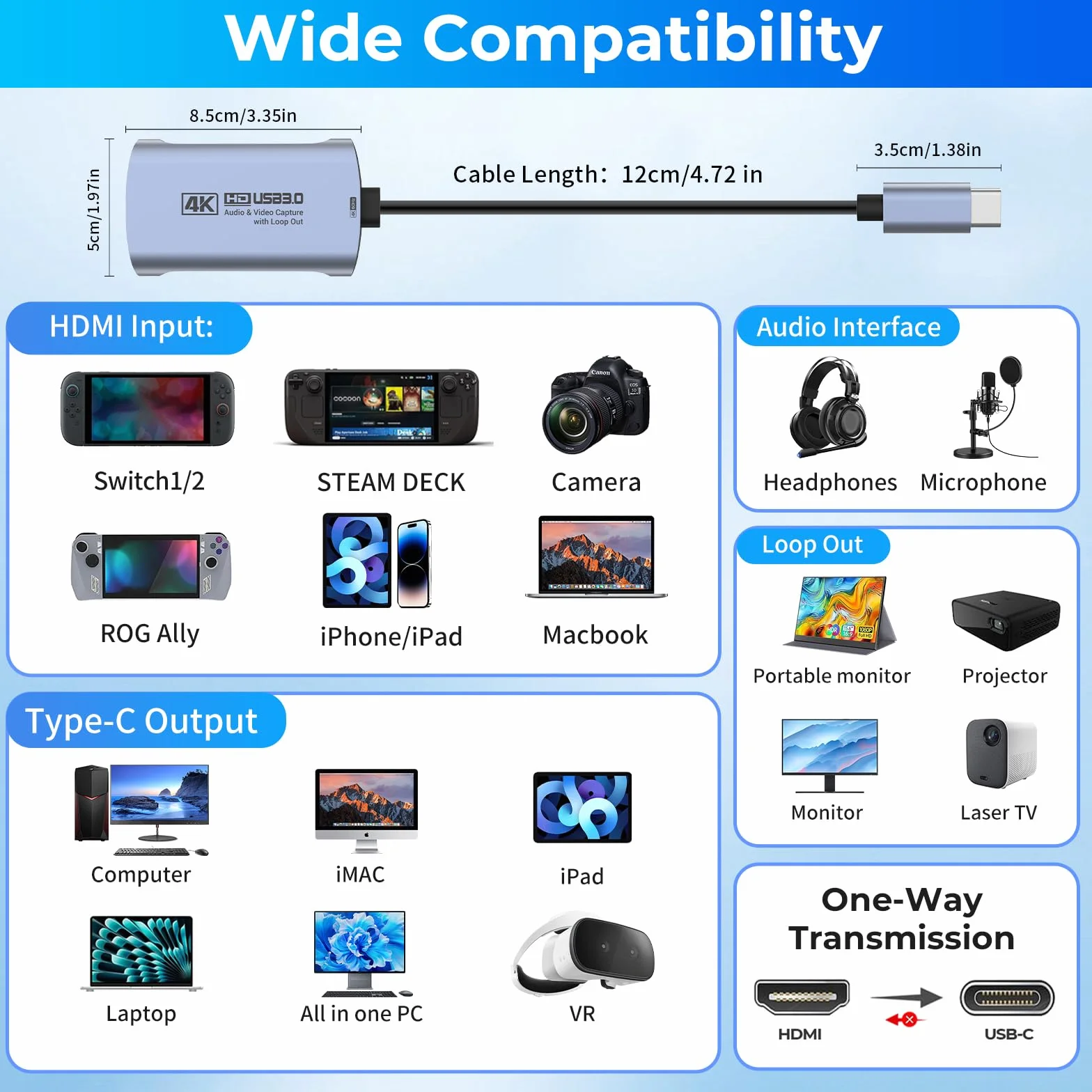 Guermok Karta 4K 60 FPS i 1080P 240 FPS HDMI do strumieniowego przesyłania, USB 3.0 do USB-C/A, 4K60 Passthrough, wejście audio 3,5 mm i wyjście mikrofonu, kompatybilna z Switch 2/1, PS, Quest 3, PC