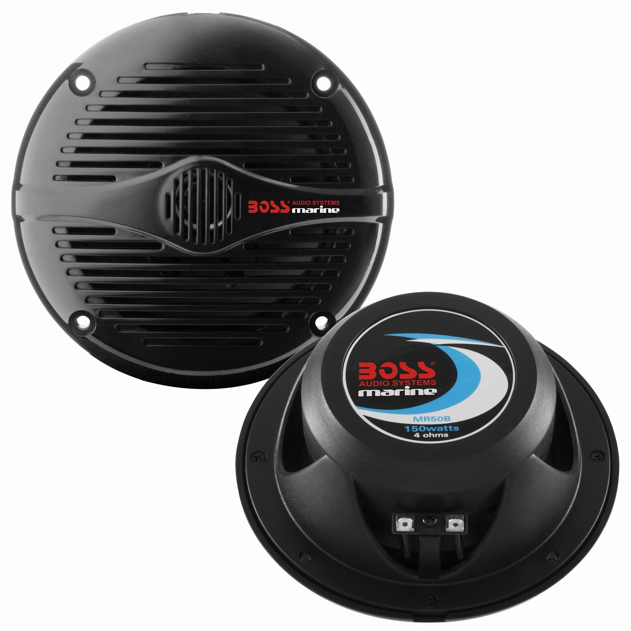 BOSS Audio Systems MR50B 13.3 cm morskie głośniki stereo do łodzi - 150 W (para), 2-drożny, dźwięk pełnozakresowy, wysokotonowe, koncentryczne, odporne na warunki atmosferyczne, sprzedawane w parach