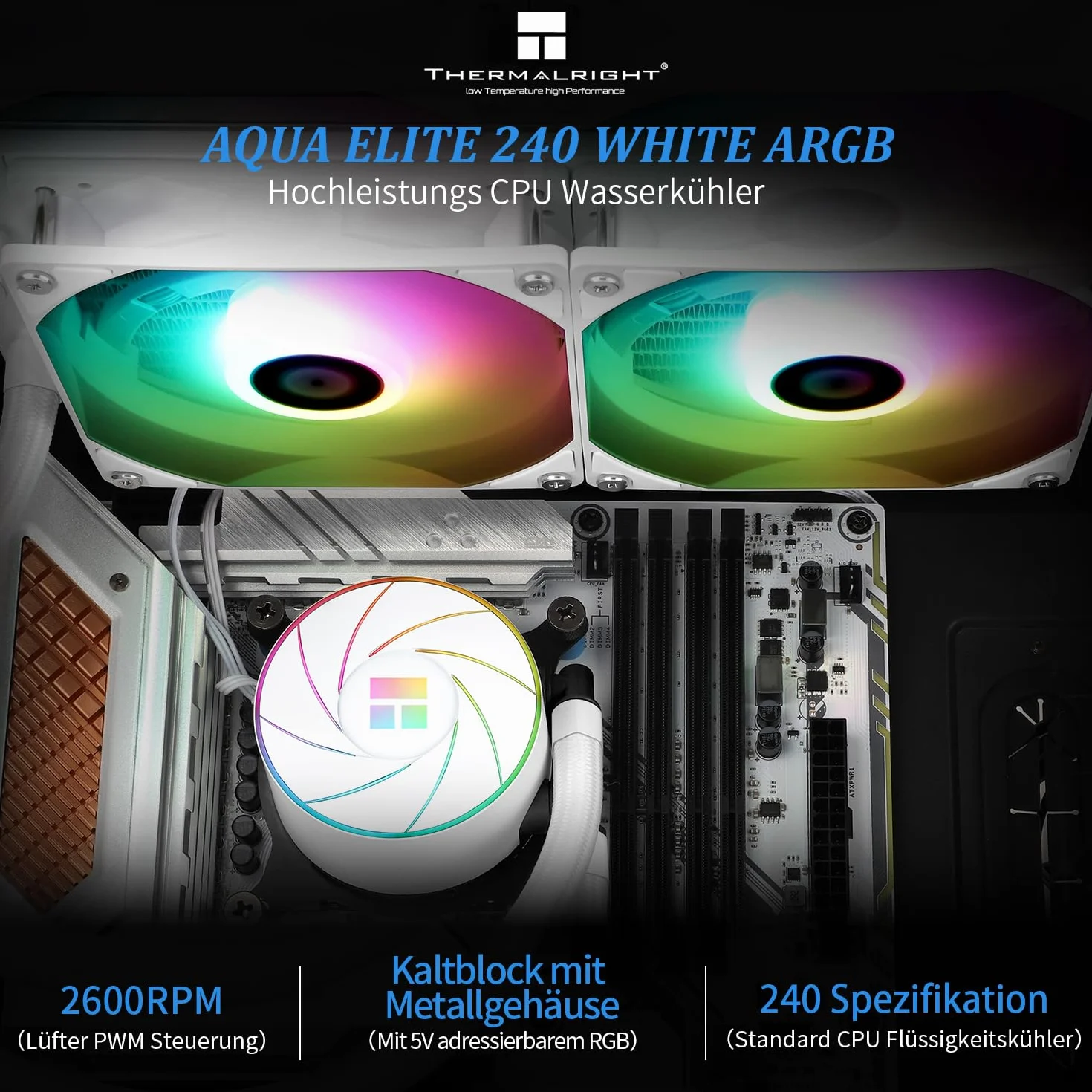 Thermalright Aqua Elite 240 ARGB CPU chłodnica wodna, z podwójnym wentylatorem PWM ARGB, prędkość 1550 RPM, do AMD/AM4/AM5& Intel LGA1150/1151/1155/1156/1200/2011/1700