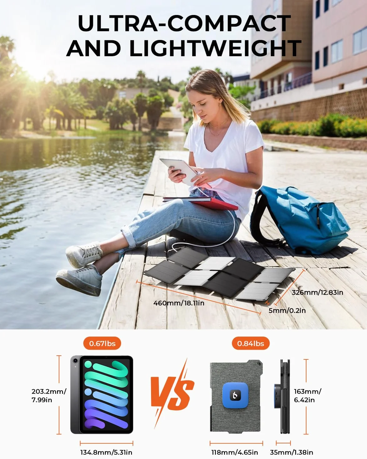 [Rozmiar kieszonkowy] BigBlue 25 W miniaturowa przenośna ładowarka solarna, składany panel słoneczny z 2 portami USB A/C, IP68 do użytku na zewnątrz, kompatybilna z telefonami, tabletami