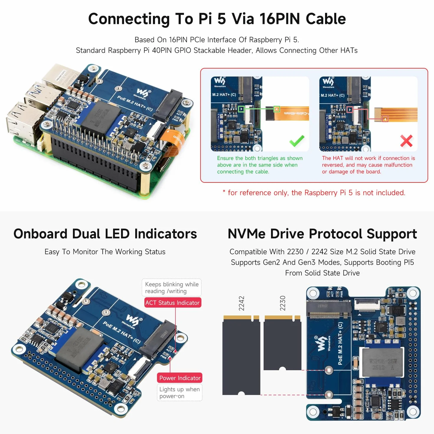 Waveshare PCIe to M.2 Adapter with PoE Function (C), Compatible with Raspberry Pi 5, Supports NVMe Protocol M.2 Solid State Drive, High-Speed Reading/Writing