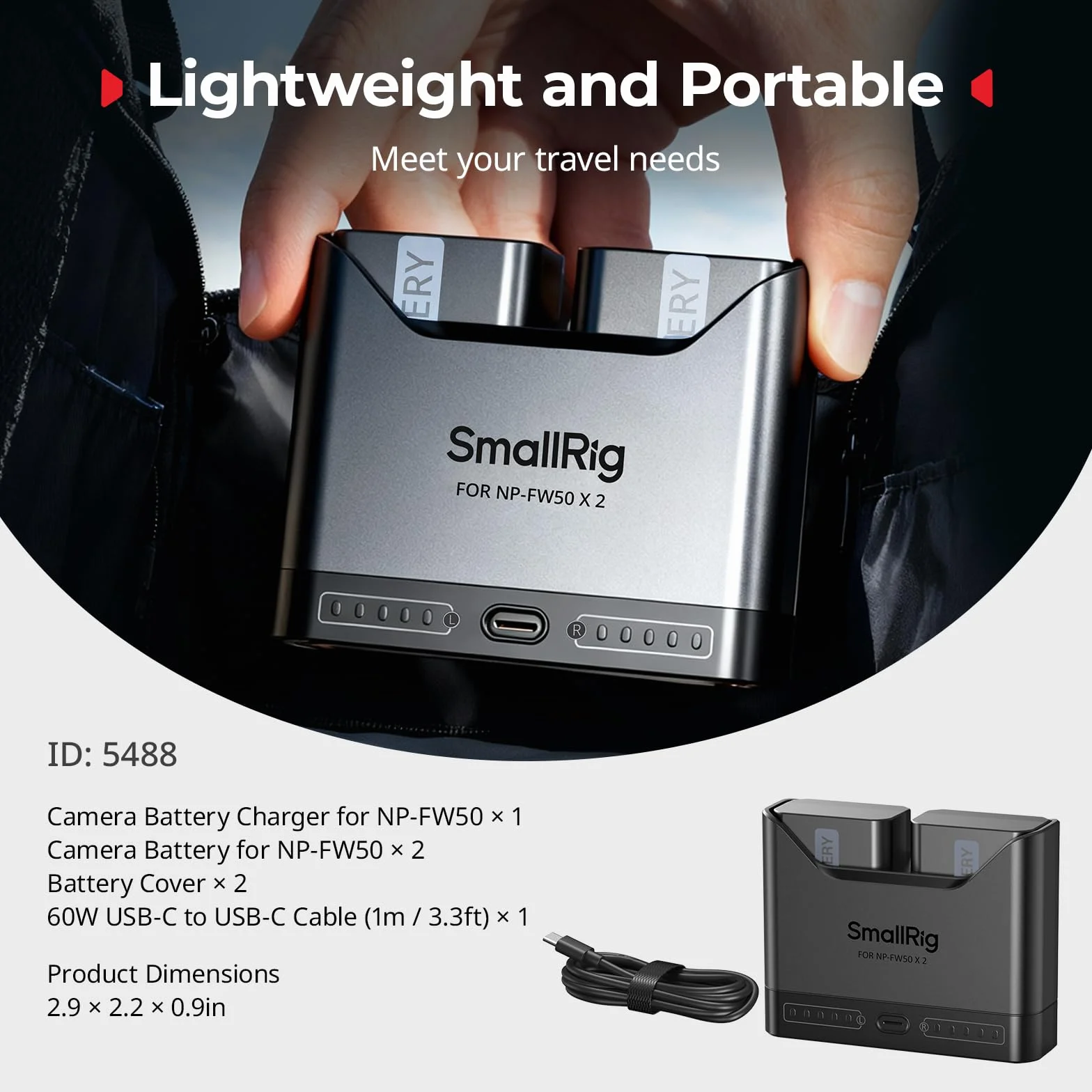 SMALLRIG Zestaw akumulatorów do Sony NP-FW50, ładowarka dwugniazdowa 11 W z akumulatorami 1030 mAh, w pełni kompatybilny z do Sony A6000 A6100 A6300 A6400 ZV-E10 A7 A7S A7R A7SII A7RII A5000-5488