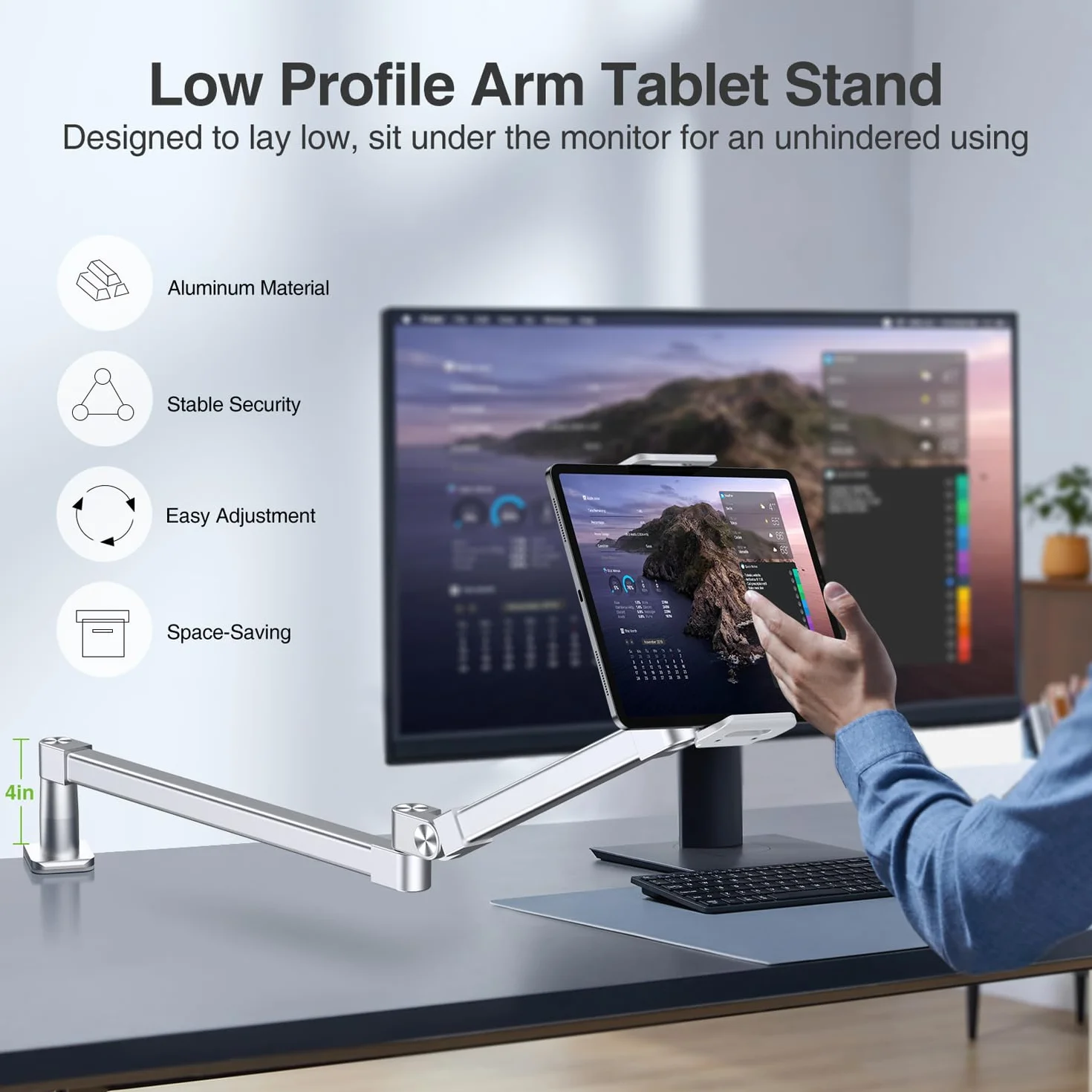 elitehood 71.1 cm długie ramię, uchwyt na biurko, wytrzymały aluminiowy uchwyt na ramię tabletu na biurko, sofę, kompatybilny z iPadem Pro 13/12,9 Air Mini, iPhone'em, przenośnym monitorem i tabletami