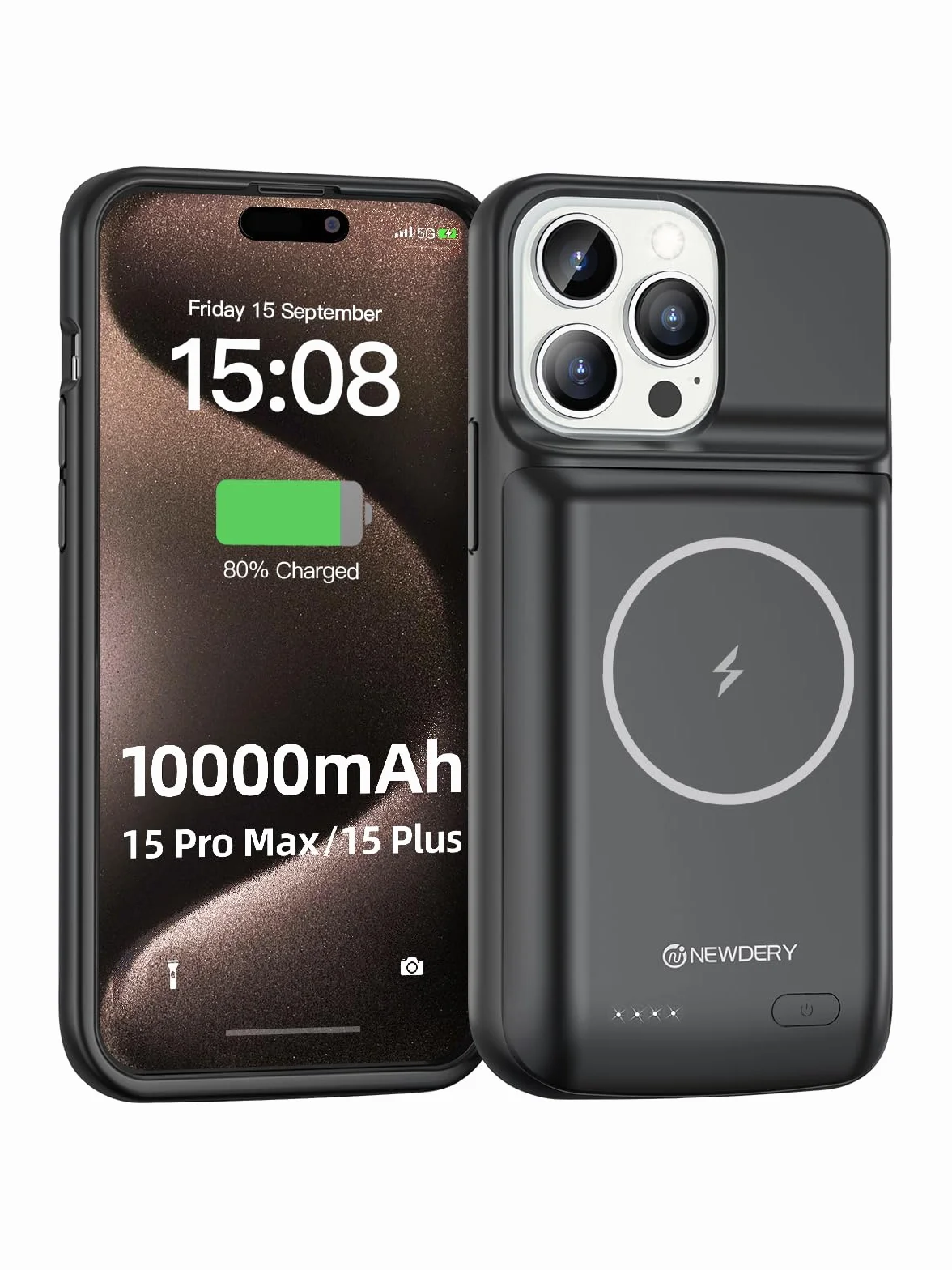 NEWDERY Etui z akumulatorem do iPhone 15 Pro Max/iPhone 15 Plus, 10 000 mAh, USB C, Qi, bezprzewodowe ładowanie