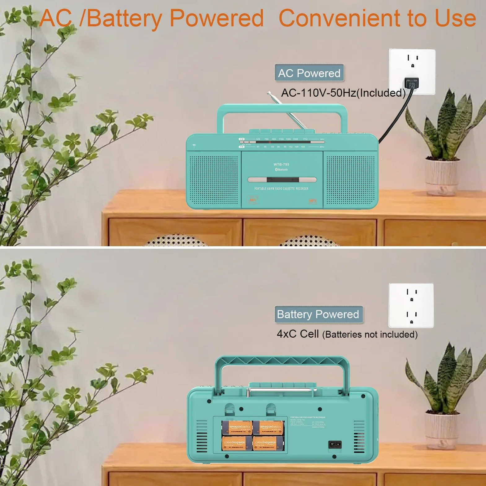 WISCENT Odtwarzacz kasetowy USB Bluetooth AM/FM Radio stereo, konwerter na MP3, głośniki 3", przenośny