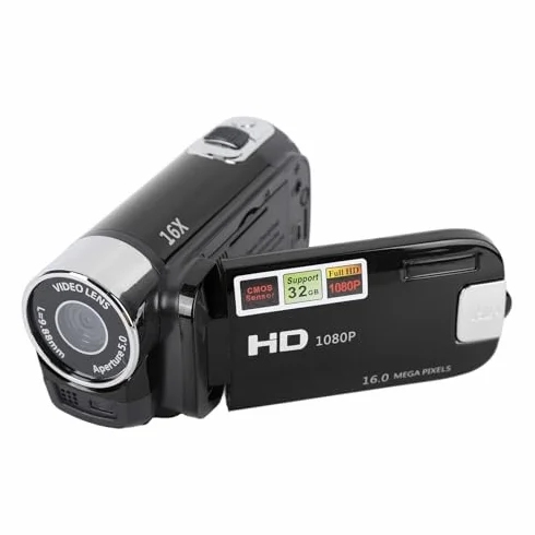 Ręczna Kamera Wideo, Kamera DV 1080P 4K 48MP 16x Cyfrowa Kamera Wideo Vlogging 2,7-calowy Obrotowy Ekran TFT LCD (BLACK)