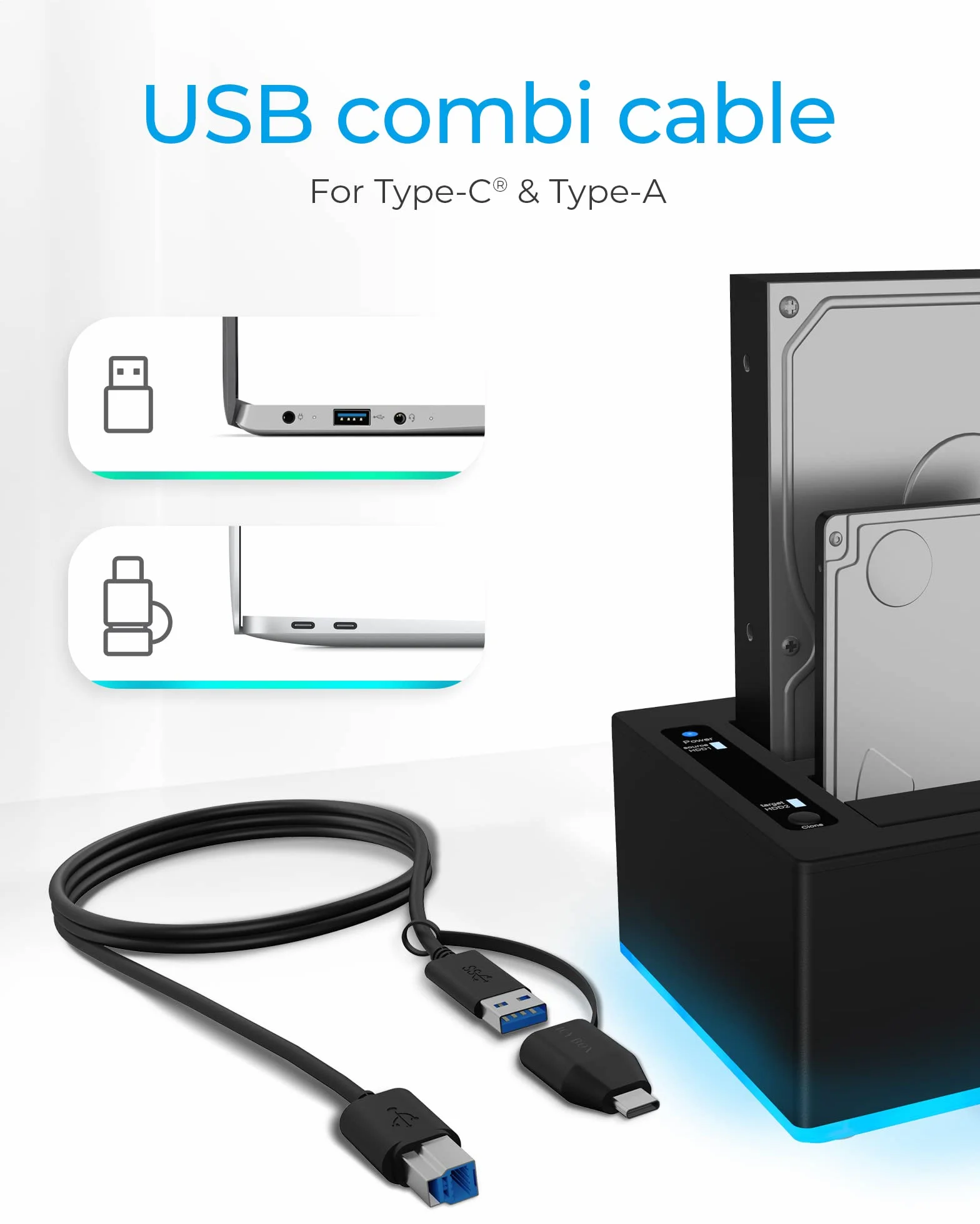 ICY BOX Stacja dokująca USB 3.0 2-drożna stacja dokująca do dysków twardych 2,5" i 3,5" SATA HDD/SSD, RGB, funkcja klonowania offline, USB-C & USB-A, UASP, IB-127CL-U3
