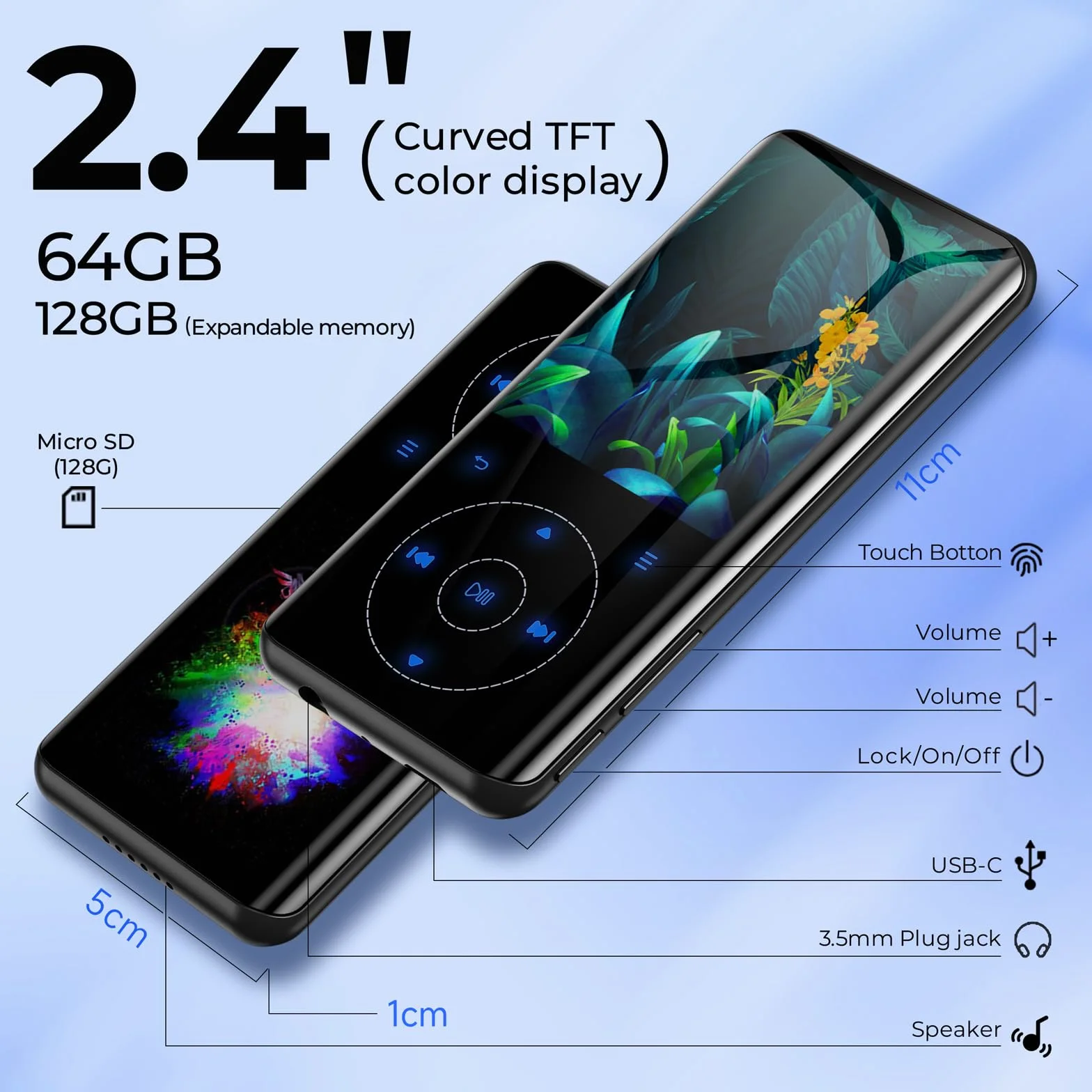 Odtwarzacz MP3 64 GB, Bluetooth 5.3, HiFi dźwięk, metalowa obudowa, wbudowany HD głośnik, przycisk dotykowy, nagrywarka głosu, do sportu i biegania