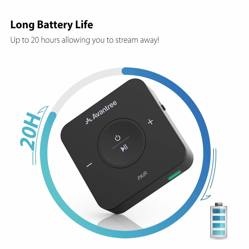 Avantree TC417 nadajnik odbiornik Bluetooth aptX niskiego opóźnienia Toslink regulacja głośności AUX RCA 20 h