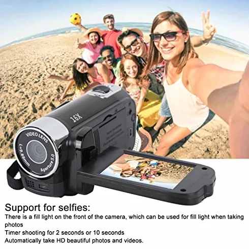Kamera Wideo Kamera, Cyfrowa Kamera Nagrywająca Kamera DV 4K 48 MP z Obrotowym Ekranem 2,7 Cala, Kamera z 16-krotnym Zoomem Cyfrowym Obsługa Kamery Przez USB Połączenie z (BLACK)
