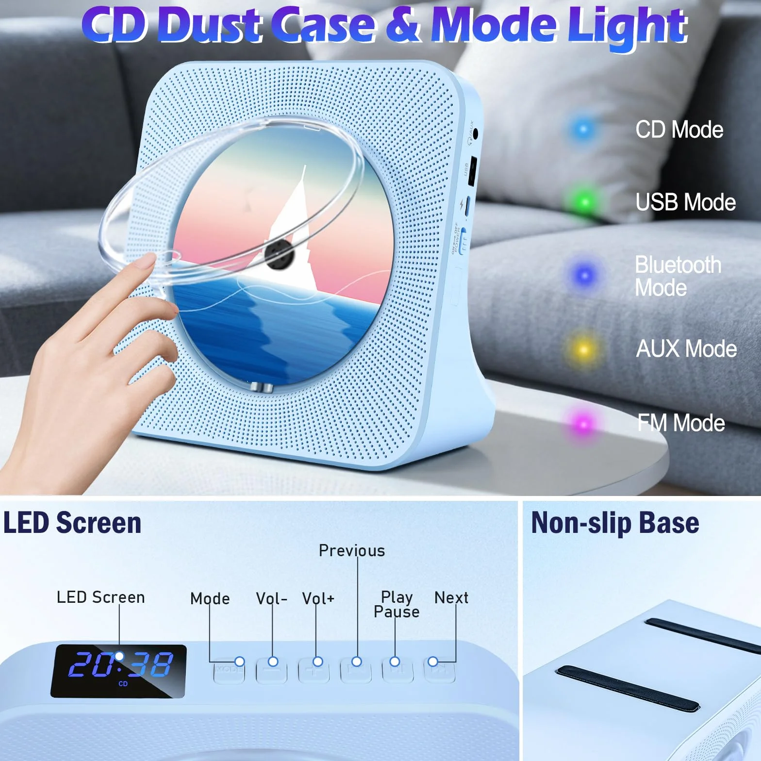 Przenośny odtwarzacz CD z Bluetooth i głośnikami, domowy odtwarzacz CD dla dzieci, odbiornik/nadajnik Bluetooth, radio FM, gniazdo słuchawkowe i USB, pilot zdalnego sterowania, niebieski