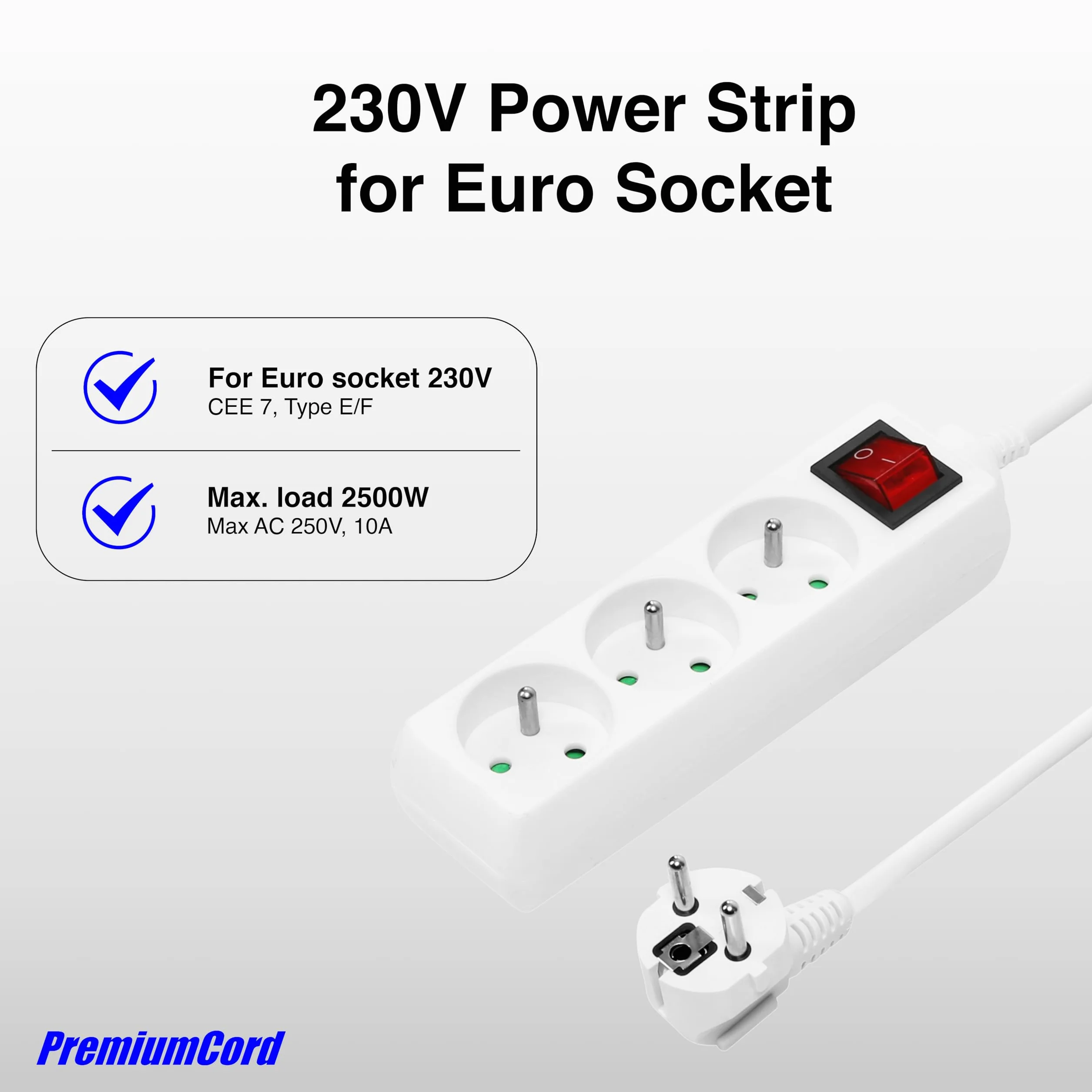 PremiumCord Listwa Zasilająca 3m z Wyłącznikiem Sieciowym, 3-Stykowa, Przedłużacz 230V, 3 Gniazd Francuskich Obróconych o 45°, Wysokiej Jakości Gniazdka z Zabezpieczeniem Przed Dziećmi, Kolor Biały
