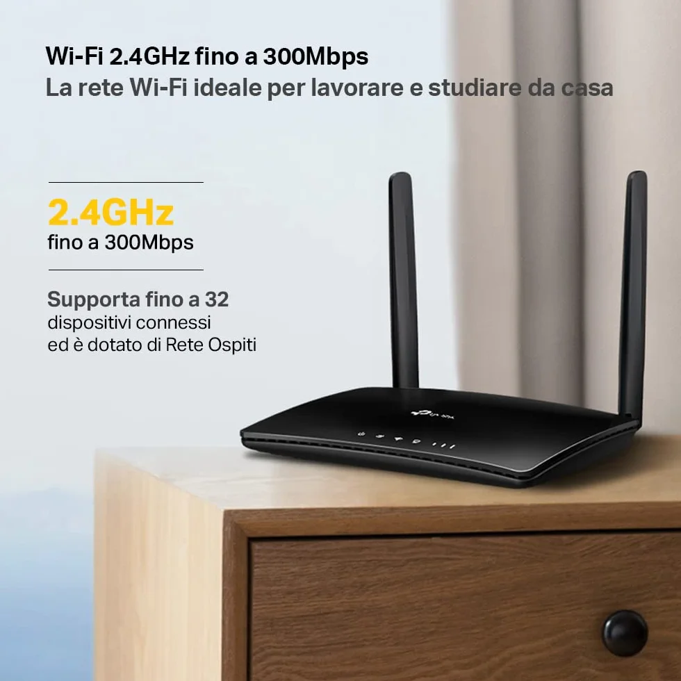 TP-Link TL-MR6400, Router 4G LTE z Gniazdem na Kartę SIM, Prędkość do 300 Mb/s (WiFi) i 150 Mb/s (LTE), Plug and Play, 2x Anteny Zewnętrzne, 4x Porty LAN/WAN, Kolor: Czarny