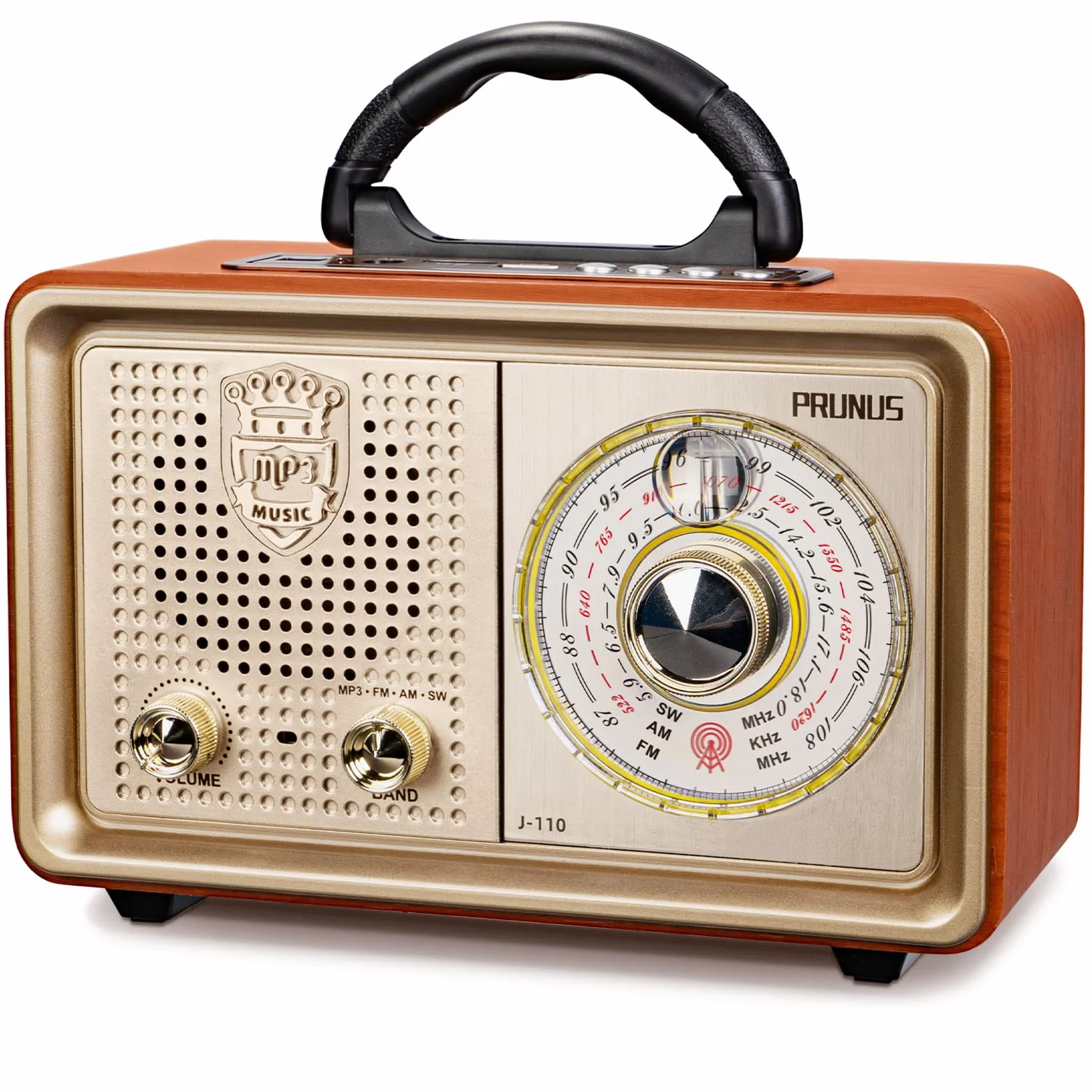 Radio PRUNUS J-110 AM/FM/SW w stylu retro z Bluetooth, nostalgiczne radio z 3 opcjami zasilania, obudowa imitująca drewno, głośnik 5 W z wzmocnionym basem, obsługa USB/TF/AUX. （Złoty）