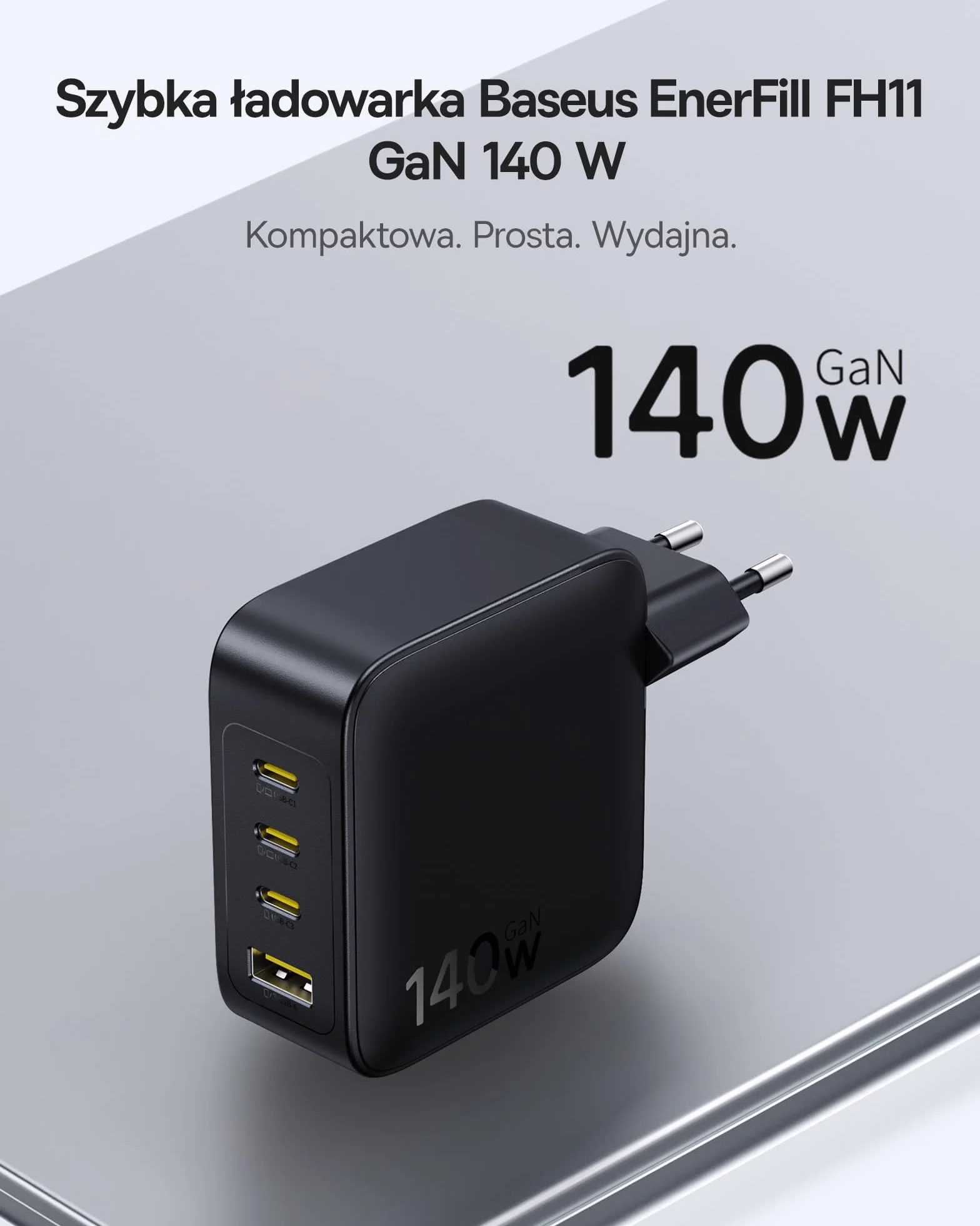 Baseus Enerfill Ładowarka USB C 140W, 4-Portowy Zasilacz USB C, Ładowarka PD Z PPS, GaN Szybka Ładowarka Kompatybilna Z MacBook Pro/Air, IPad, Laptopem, iPhone 17/16/15/14/13/12, Galaxy S25