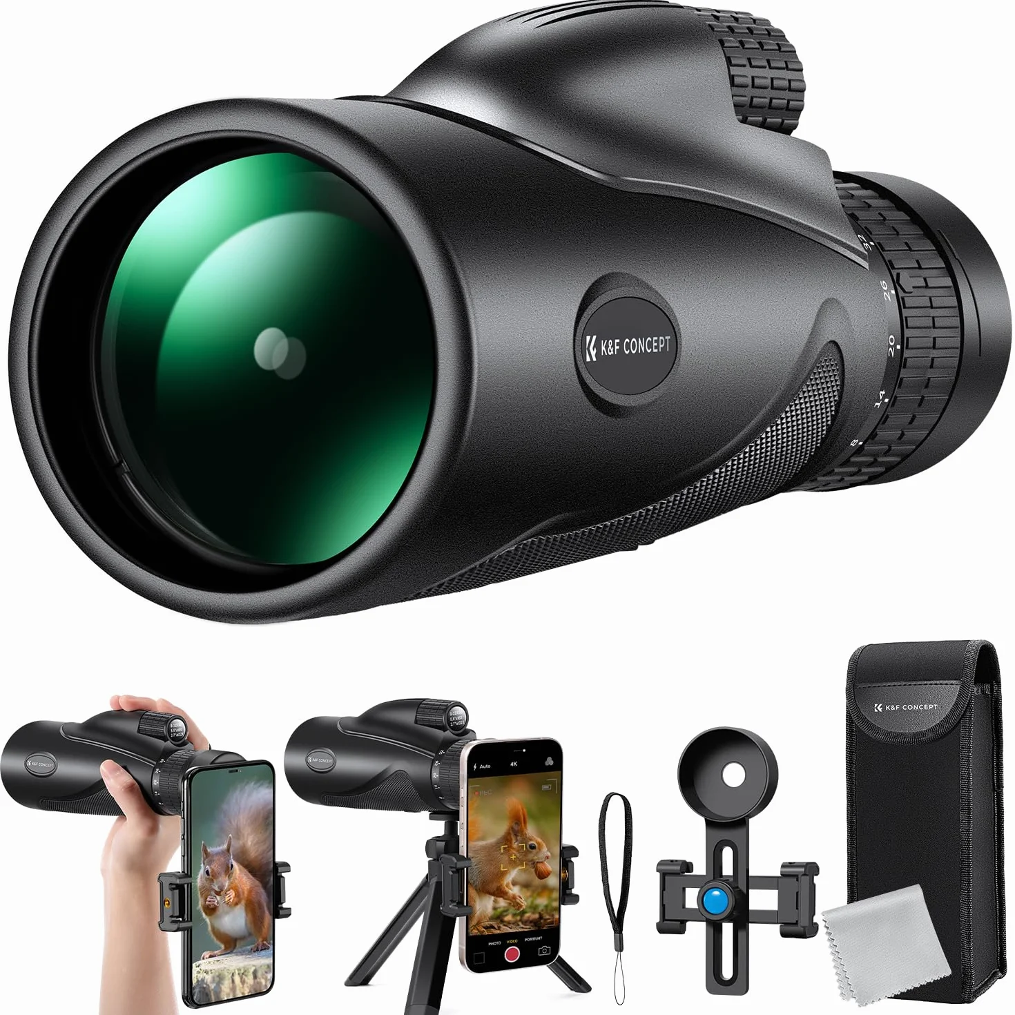 K&F Concept Teleskop monokularowy 8-32x50 HD, zoom ciągły z klipsem na telefon