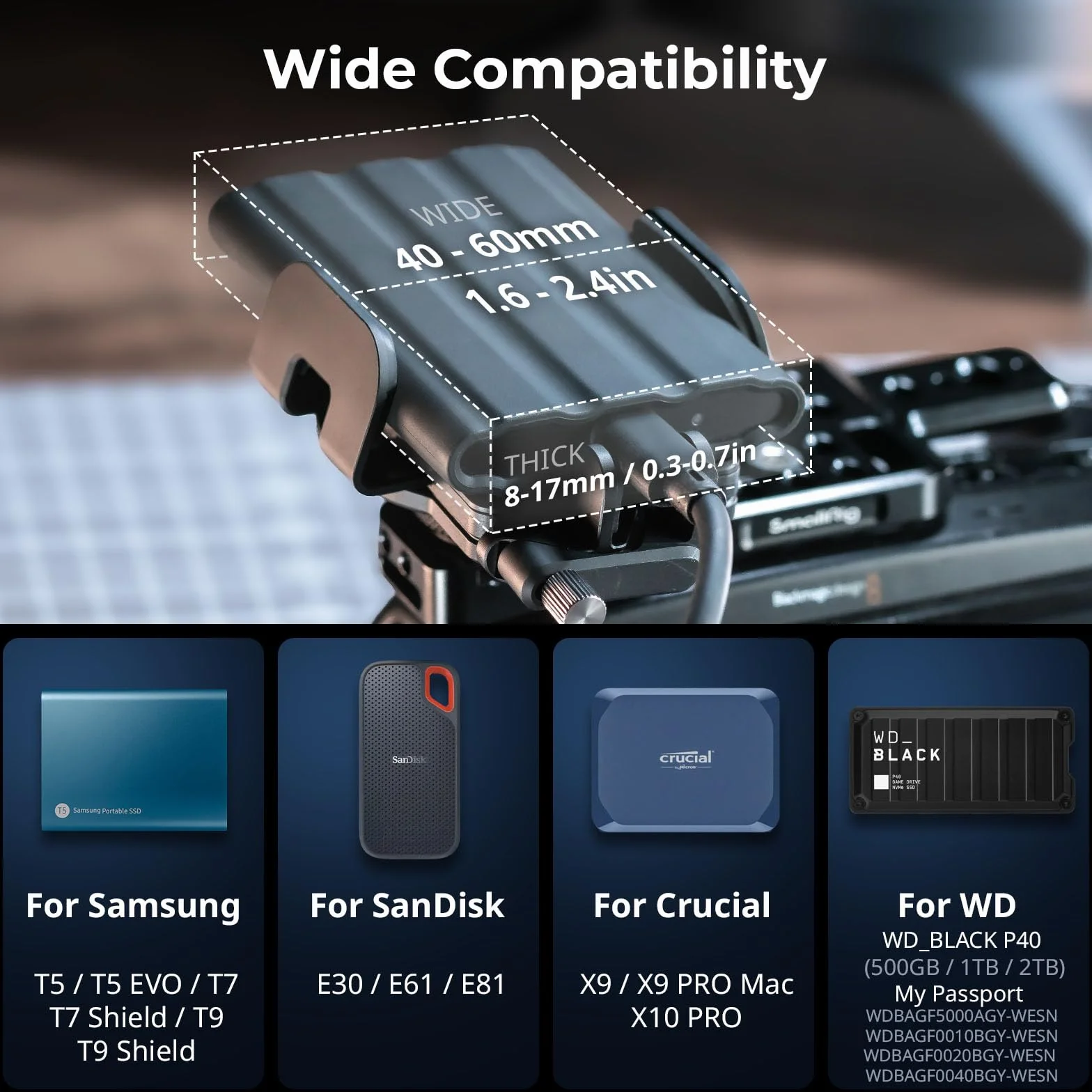 SMALLRIG Uchwyt SSD z zaciskiem kablowym Cold Shoe 40-60 mm do Samsung T5 T7 SanDisk MagSafe iPhone 5196