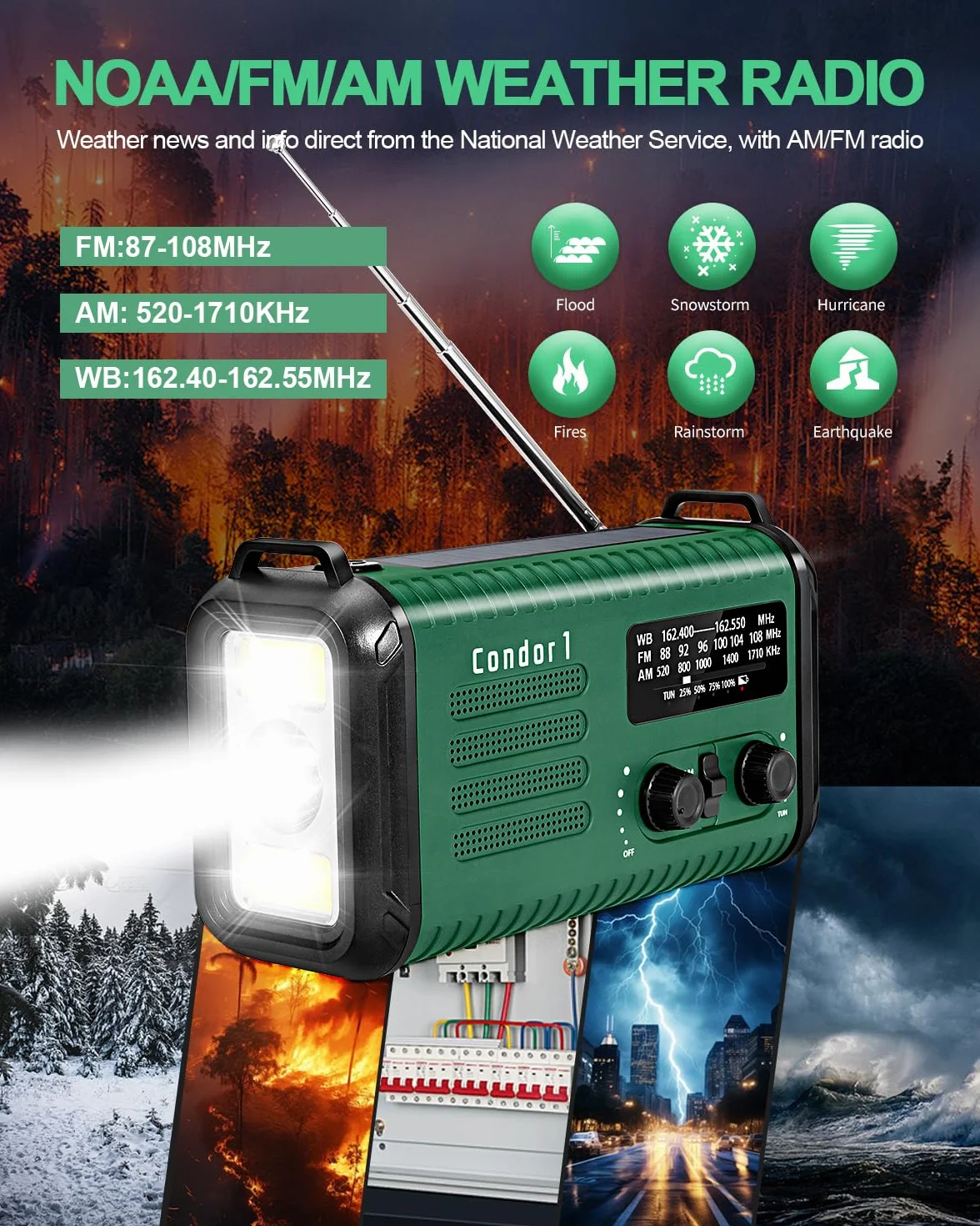 Radio korbowe awaryjne, 20000 mAh / 74000 mWh solarne radio pogodowe z korbą ręczną z NOAA/AM/FM, radio zasilane bateriami z ładowarką do telefonu komórkowego, lampą do czytania, latarką i SOS w