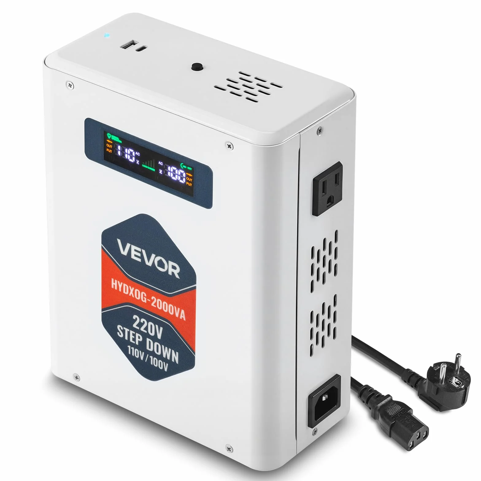 VEVOR Przetwornica napięcia Step-Down 2000 VA, Heavy Duty Transformator mocy 220 V na 110 V z 2 gniazdami amerykańskimi, wyjściem USB, wyświetlaczem LCD, do urządzeń gospodarstwa domowego 110 V