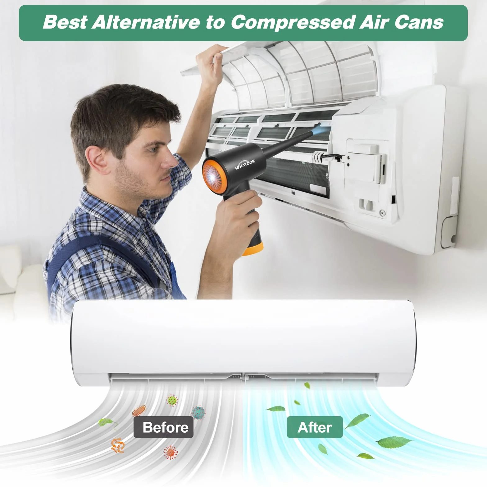 Elektryczna dmuchawa do kurzu, Bezprzewodowy odkurzacz do czyszczenia komputera， 3-biegowa dmuchawa Air Duster, wydajna 60 000 obr./min, z oświetleniem LED do komputera (Air Duster & Vacuum)