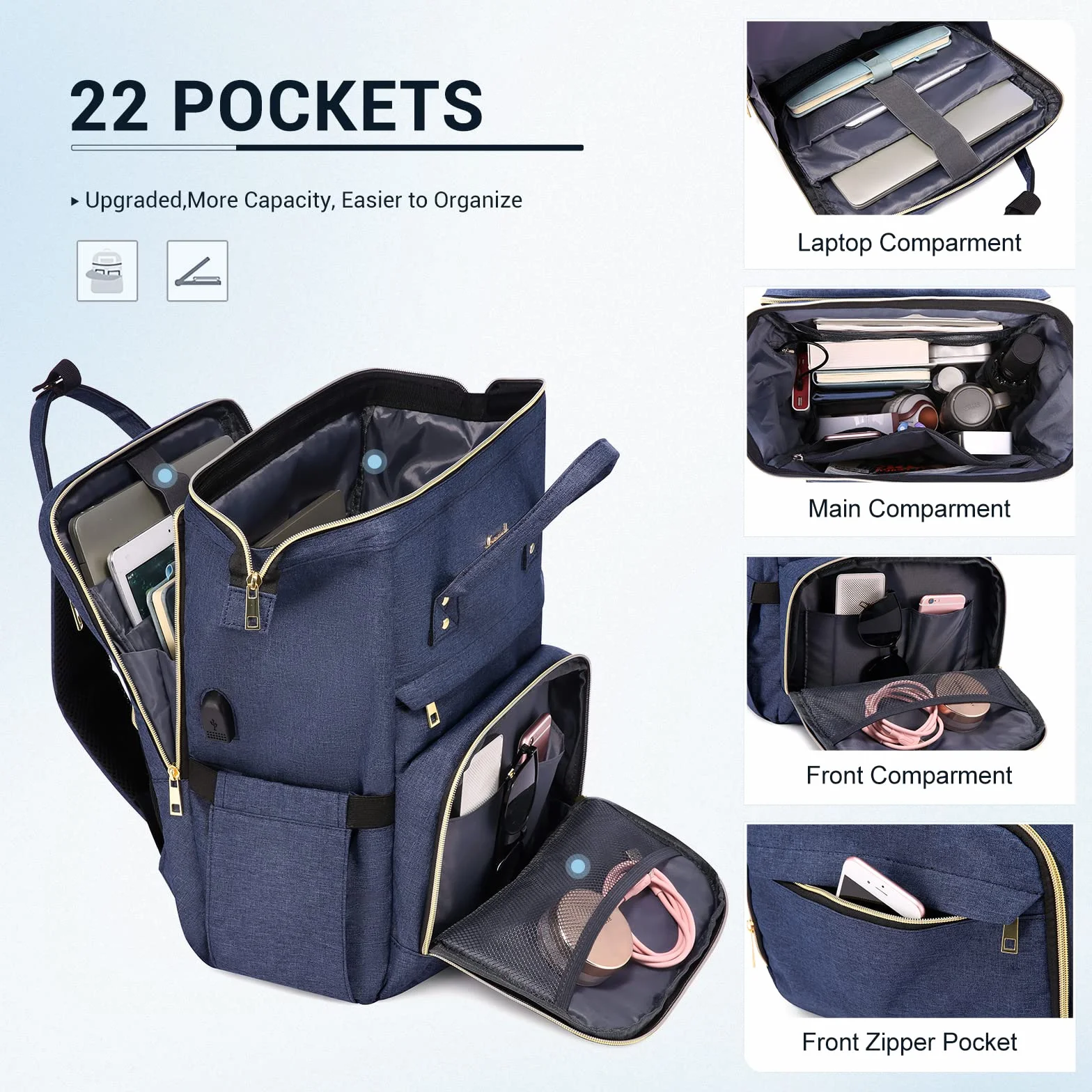 LOVEVOOK Rucksack Damen, Laptop Rucksack mit Laptopfach, Schulrucksack Tasche mit USB Ladeanschluss, für Schule Arbeit Uni Studenten Lehrer Business Büro