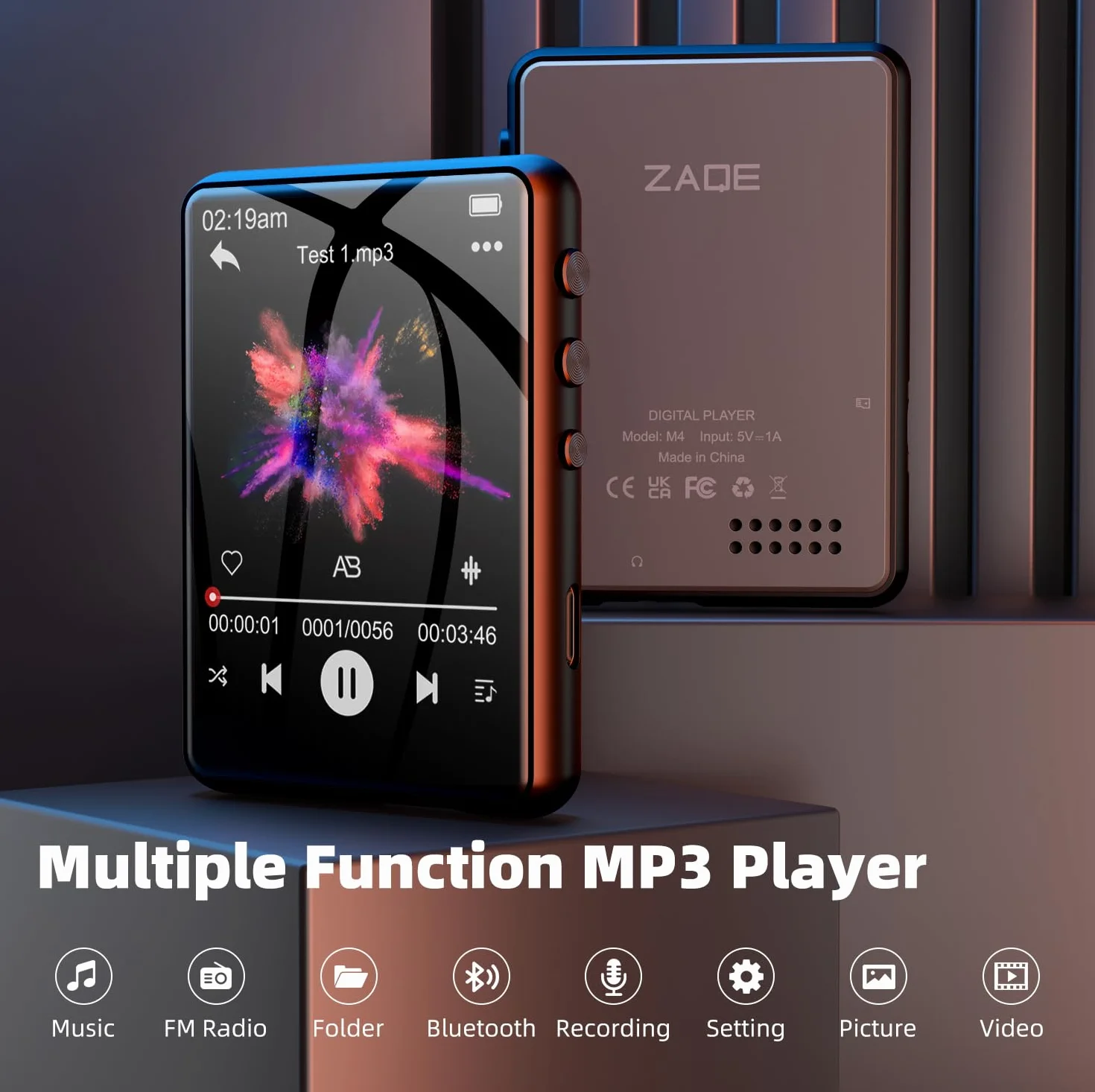 Odtwarzacz MP3 Bluetooth 5.3 2.4" ekran dotykowy 64GB przenośny radio FM nagrywanie głosu