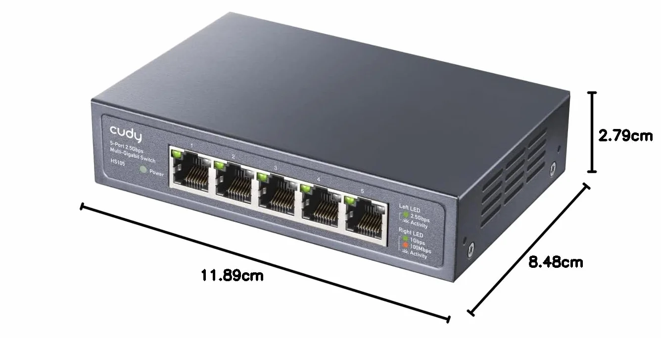 Cudy 5-portowy przełącznik Multi-Gigabit Ethernet, pełne porty 2,5 Gb/s, wykrywanie pętli, oszczędność energii 802.3az, uchwyt biurkowy lub ścienny, konstrukcja bez wentylatora, HS105