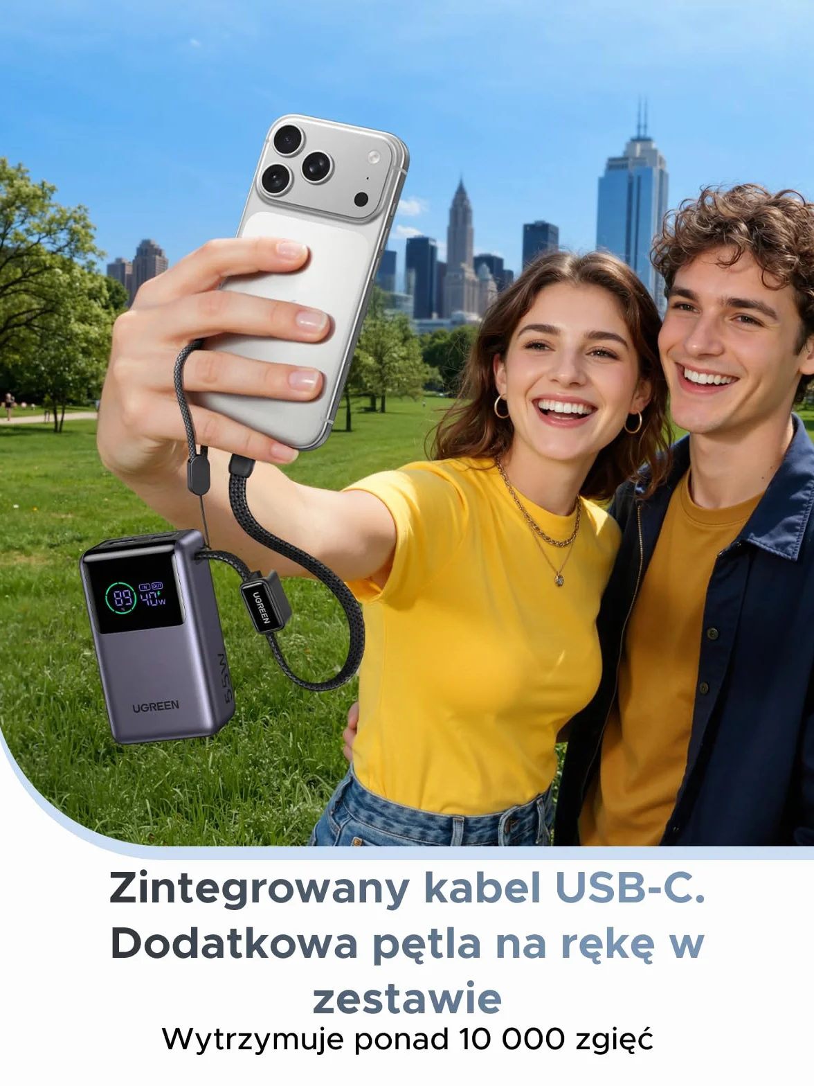 Power bank UGREEN 55W, 10000mAh z wbudowanym kablem, HyperCharge dla Xiaomi, szybkie ładowanie PD 45W, kompatybilny z iPhone'em 17/16/15, szary
