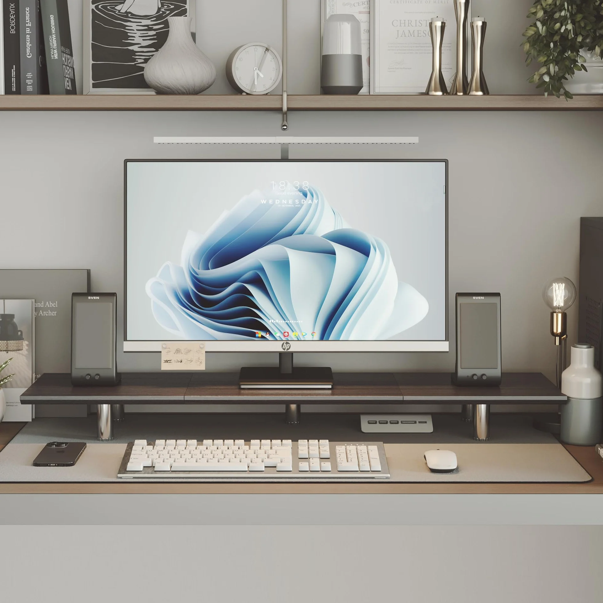 Fenge Duży Stojak na Monitor Podwójny z Nogą z Regulacją Wysokości, Drewniany na Biurko dla PC/Laptop/Telewizor/Drukarka, Akcesoria Biurkowe, Czarny