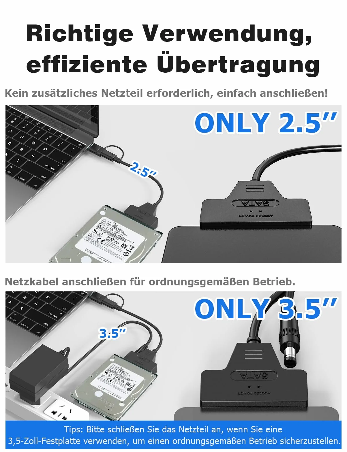 Mellbree Adapter SATA na USB 3.0, 2 w 1 USB i typ C, obsługuje dyski twarde SSD/HDD 2,5" i 3,5", szybki transfer danych, kompatybilny z systemami operacyjnymi Windows, Mac i Linux