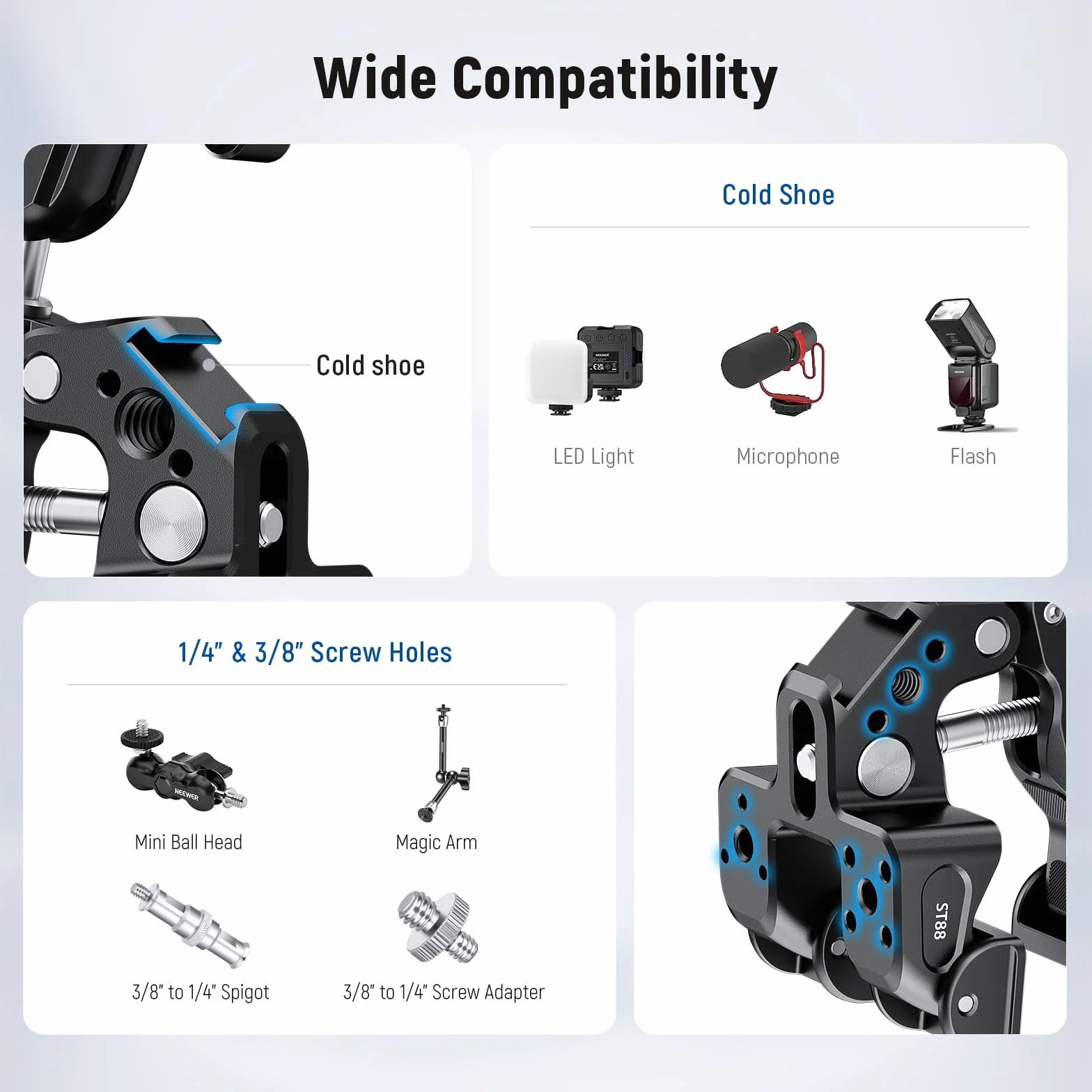 NEEWER Super Clamp+Magic Arm 3" z dwiema głowicami kulowymi, zacisk aparatu/telefonu z gwintem 1/4", ColdShoe, uchwyt na telefon i mocowanie kamery Action Cam kompatybilny z GoPro DJI iPhone 16 15 Pro