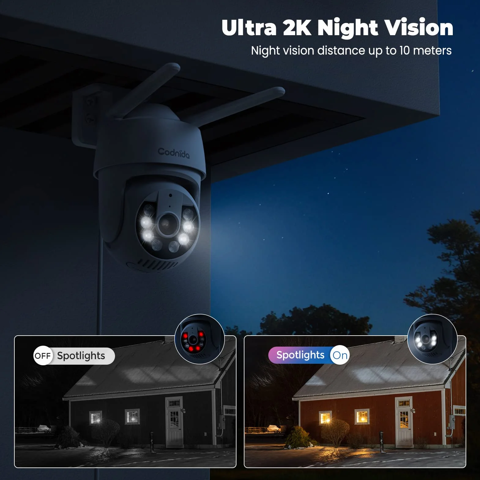 Codnida 2K kamera monitoringowa do użytku na zewnątrz, kamera Wi-Fi, 360° widok, 3MP, z 2-drożnym audio, automatyczne śledzenie, noktowizor w kolorze, alarm syrenowy, współpracuje z Alexa