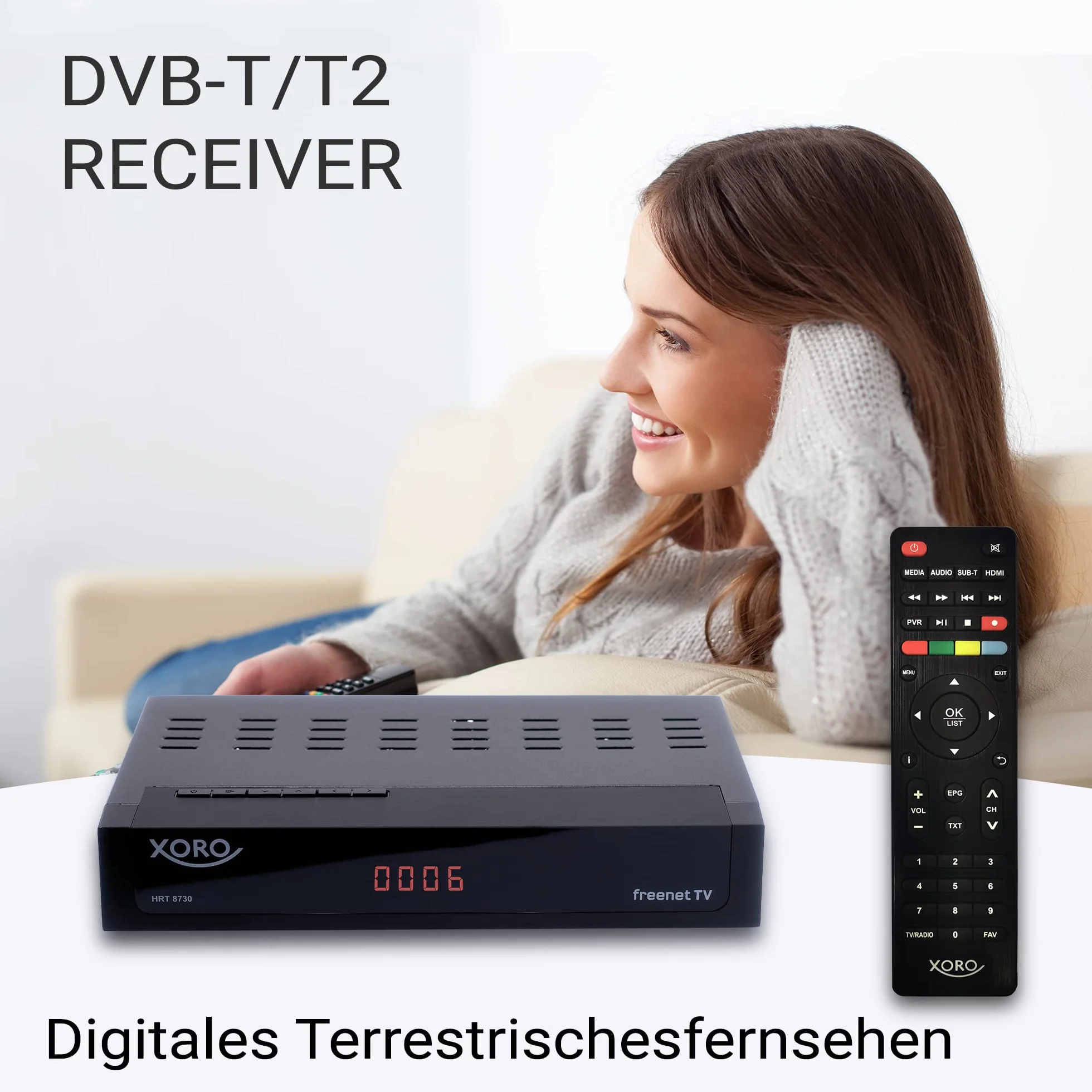 XORO Odbiornik DVB-C/T2 Combo HRT 8730 Hybrid z odtwarzaczem multimedialnym USB, PVR Ready, Timeshift, wbudowanym systemem dostępu Irdeto do Freenet TV i 6 miesięcy