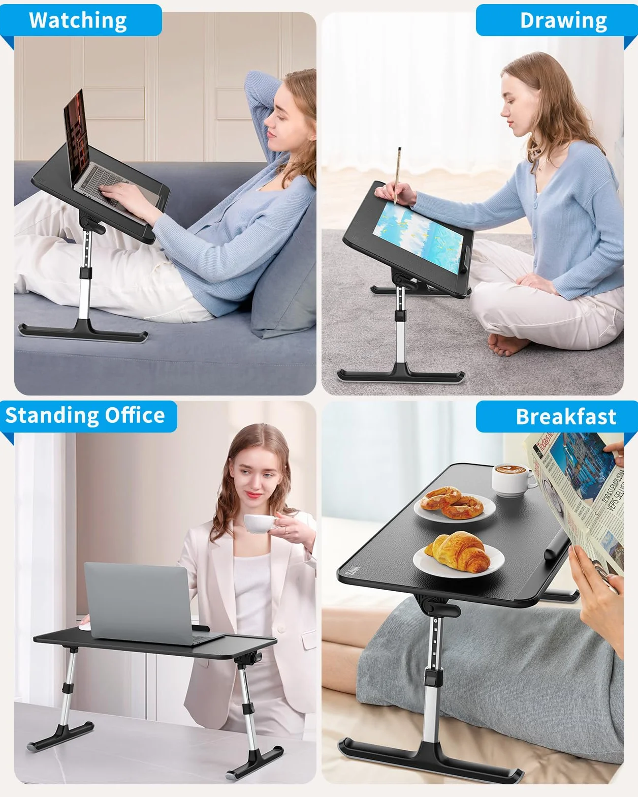 Saiji stół do łóżka, grube, stabilne nóżki, regulacja wysokości i kąta, wystarczająco miejsce na mysz, laptop do 17