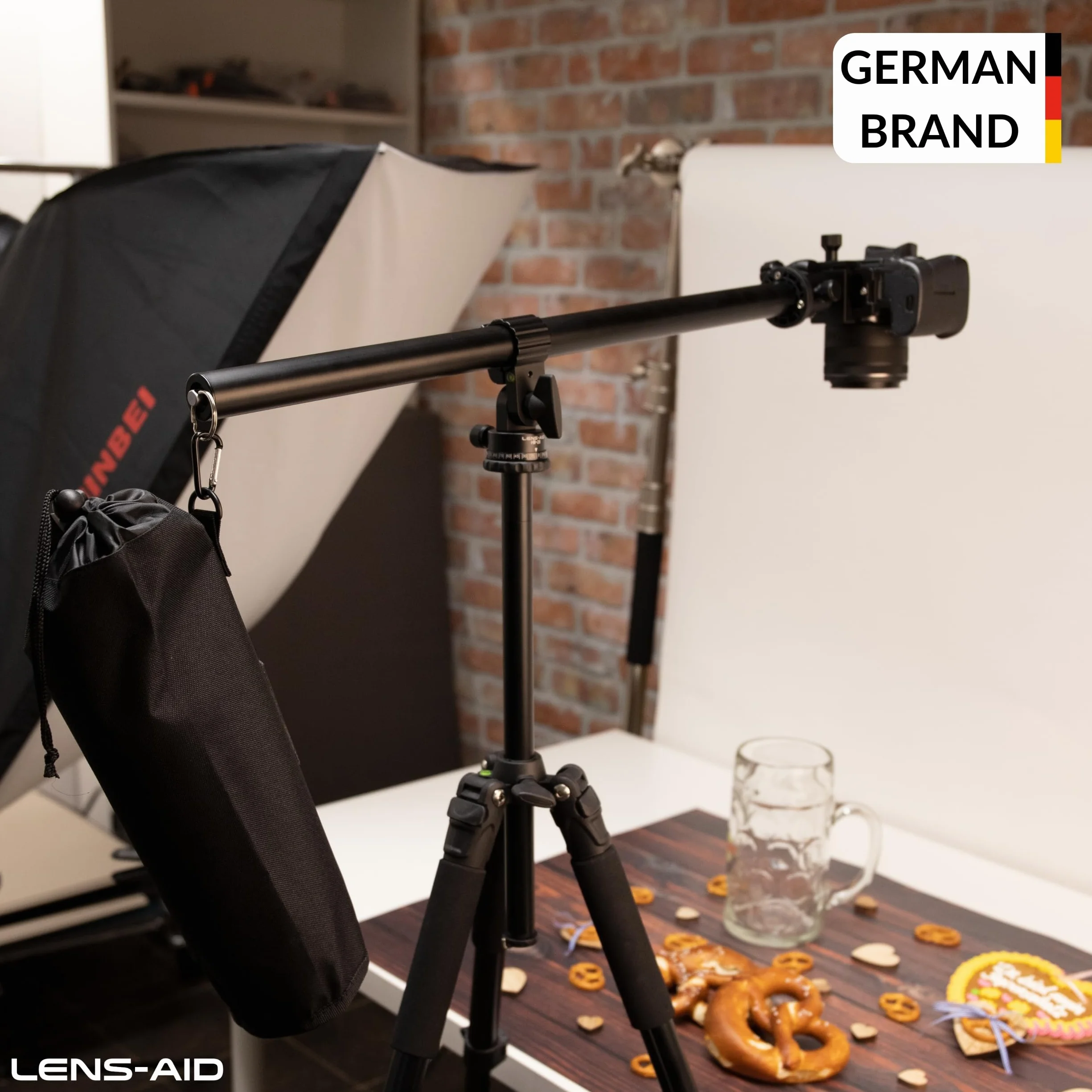 Lens-Aid statyw do stojaka na stół i makro – rozkładane ramię kamery 58 cm z hakiem przeciwwagi i przyłączem 3/8 – do fotografii płaskiej i nad głową