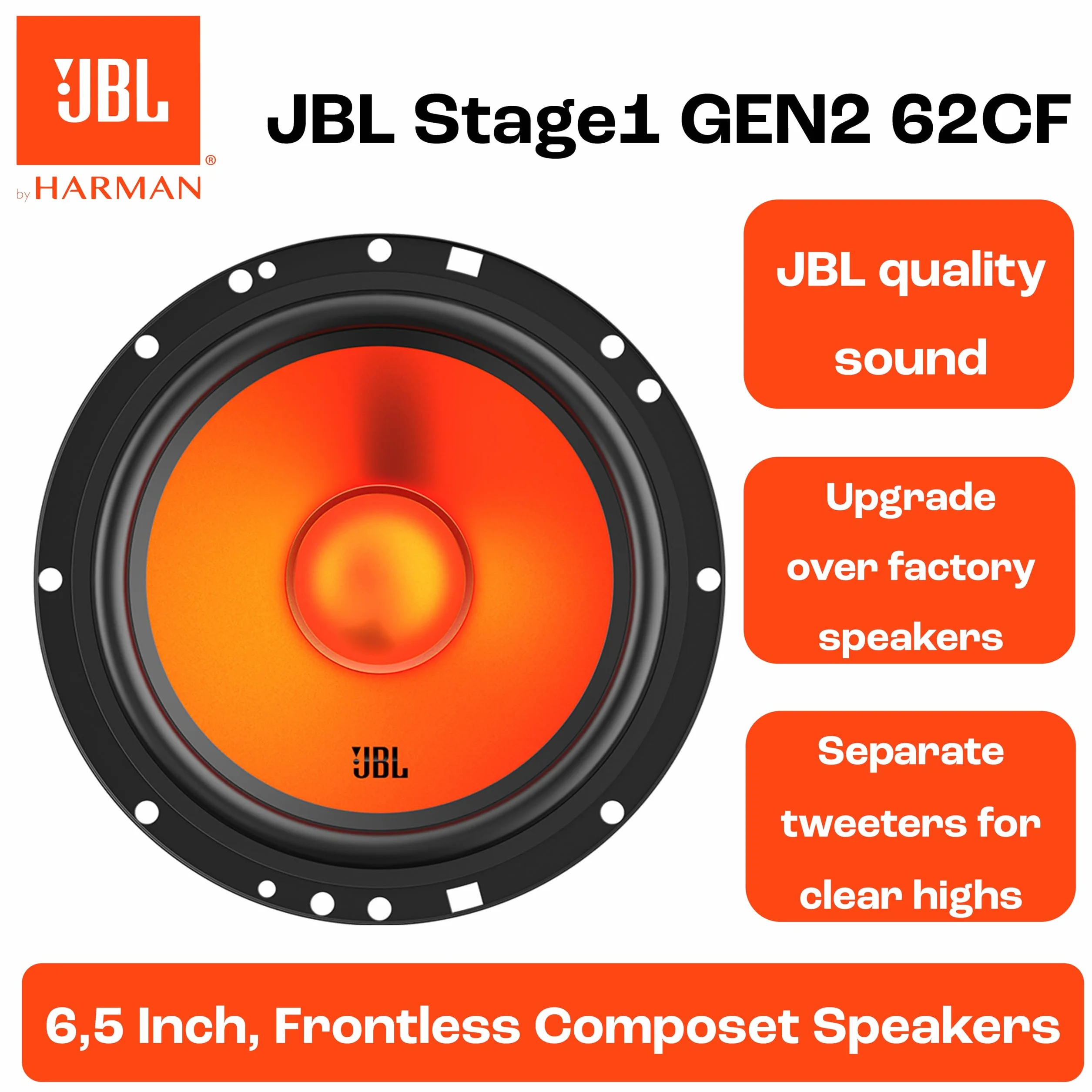 JBL Stage1 GEN2 62CF głośnik samochodowy 165 mm 6,5 cala 80 W RMS 640 W Max zestaw 2 głośników niskotonowych i 2 wysokotonowych