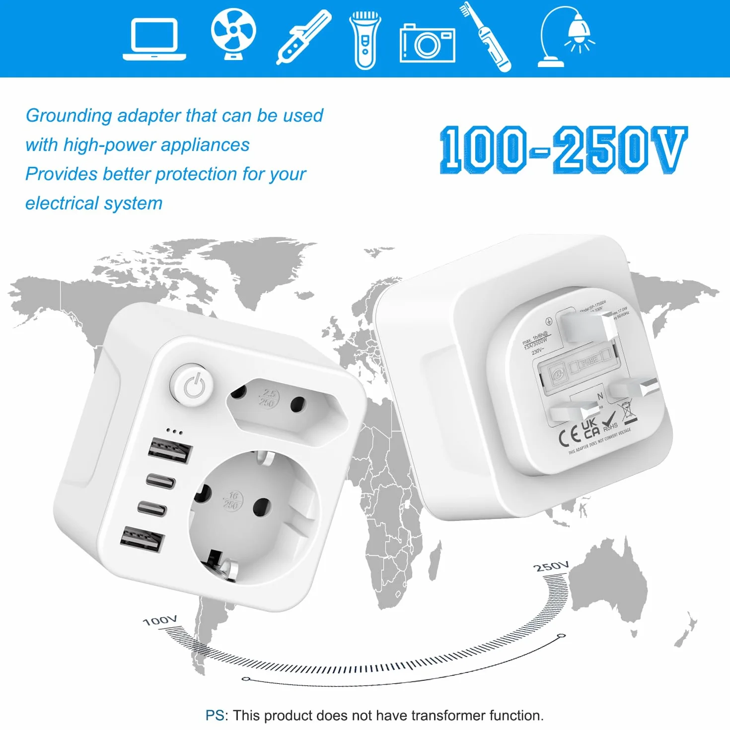Wtyczka UK z 2 USB i 2 USB C (3,4 A, 17 W), typ G do Anglii, Irlandii, Wielkiej Brytanii, ładowarka
