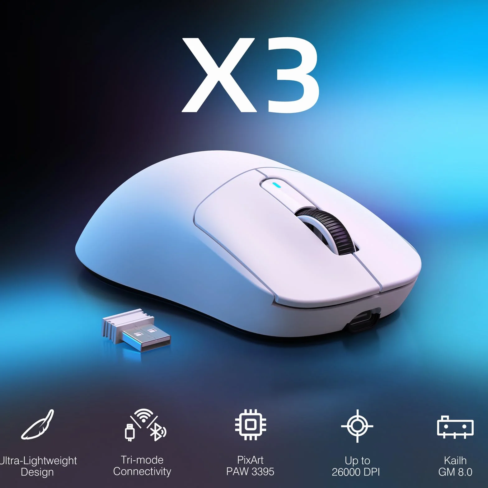 VGN GAMEPOWER ATTACK SHARK X3 SUPERLIGHT Bezprzewodowa mysz do gier, ultralekka mysz 49 g, PixArt PAW3395, 26000 DPI, Tri-mode 2.4G/USB-C przewodowa/Bluetooth, G502, bateria 200 godzin, przełącznik