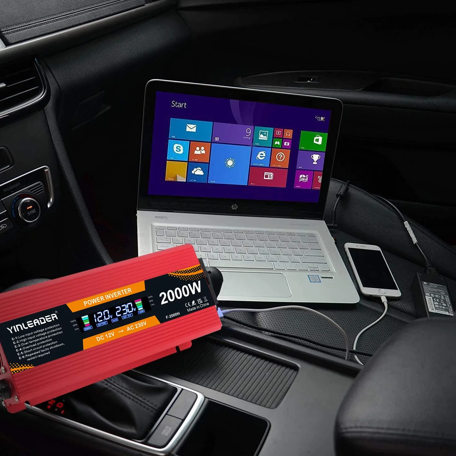 Yinleader Power Inverter 12V 220V 1000W / 2000W Przetwornica napięcia z wyświetlaczem LCD 2USB