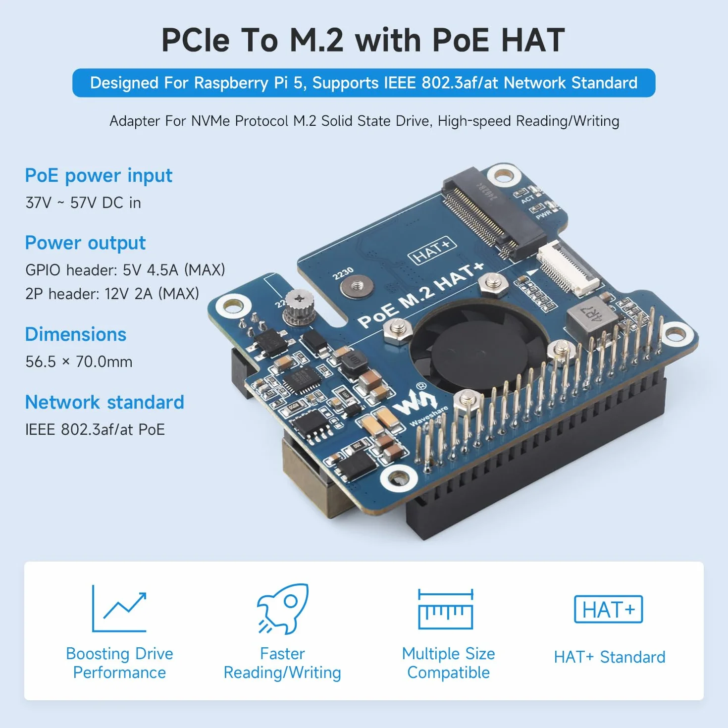 Waveshare PCIe To M.2 HAT+ Adapter With PoE for Raspberry Pi 5, with Cooler Fan, Support NVMe Drive Protocol 2230/2242 M.2 Solid State Drive & 802.3af/at Network Standard, High-speed Reading/Writing
