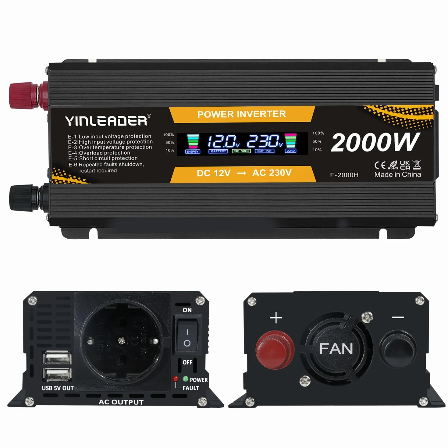 Yinleader Falownik 12 V 230 V 1000 W /2000 W przetwornica napięcia LCD z 2 USB -czarny