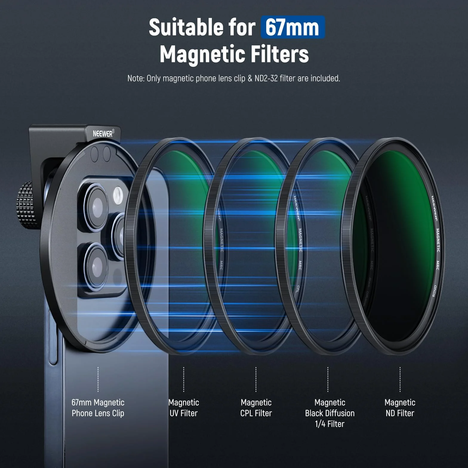 NEEWER 67 mm Clip On Variable ND2-ND32 filtr obiektywu telefonu magnetyczny adapter pierścień zimna stopka pokrętło blokujące HD do iPhone 15 Pro