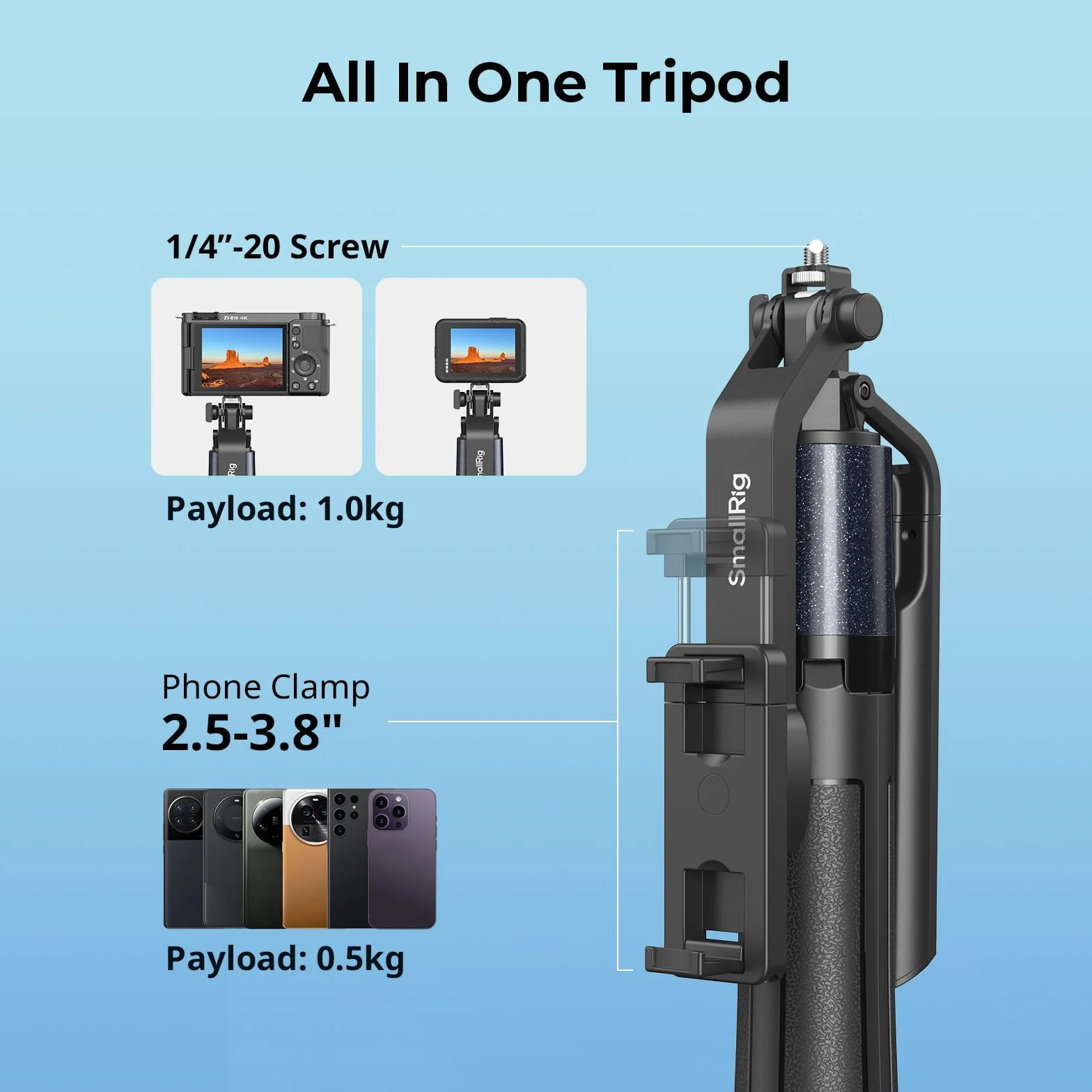 SMALLRIG 73" Phone Tripod Stand w Ground Nail, Selfie Stick Tripod with Remote, 4 Legs, 360° Handle, for Phone, Camera, Action Camera, for Recording, Overhead Shot, Streaming 4668