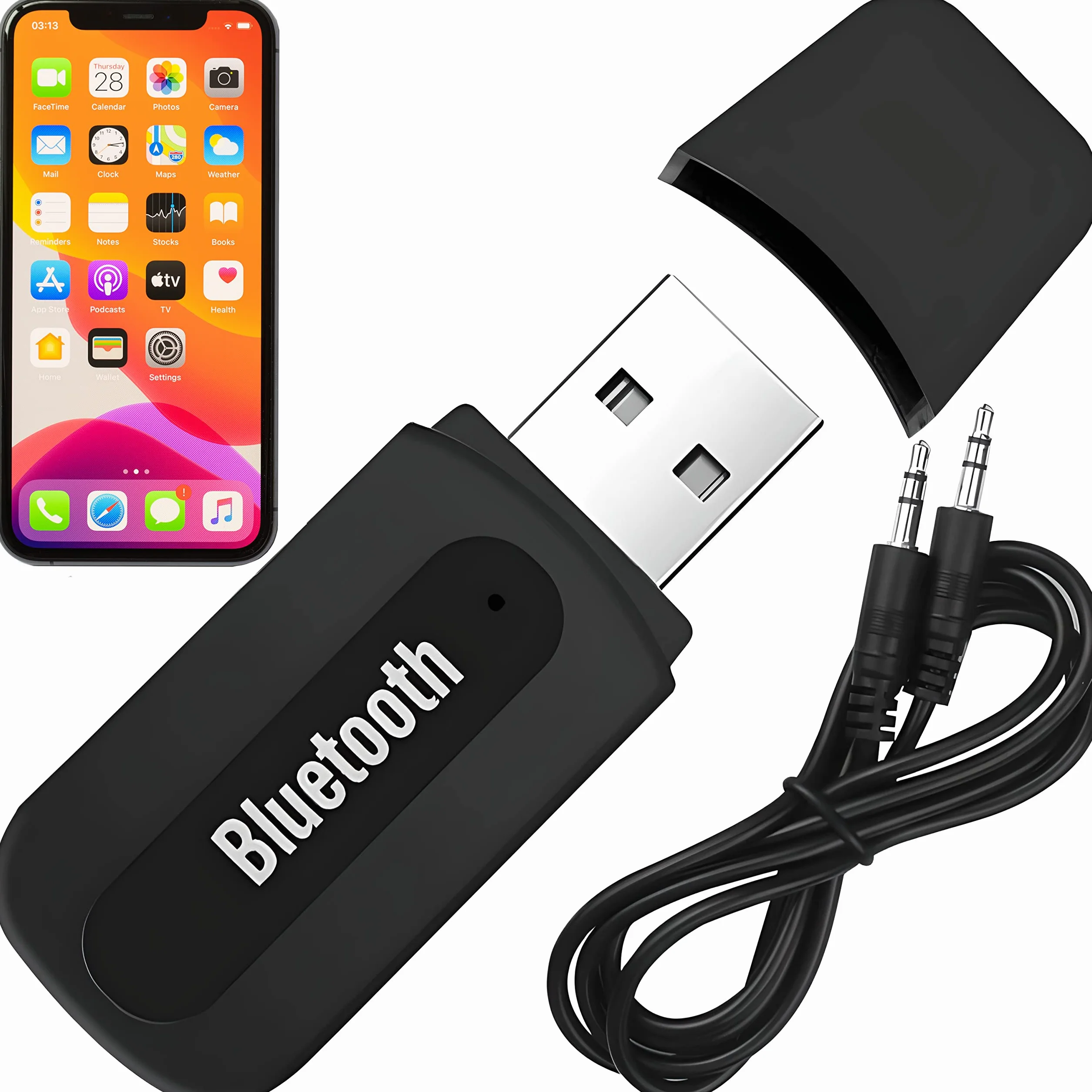 Retoo Adapter Bluetooth USB z kablem samochodowym AUX 3,5 mm i mikrofonem jako zestaw głośnomówiący do samochodu, bezprzewodowy odbiornik, kompatybilny z systemem Android, iOS, Home stereo, radio