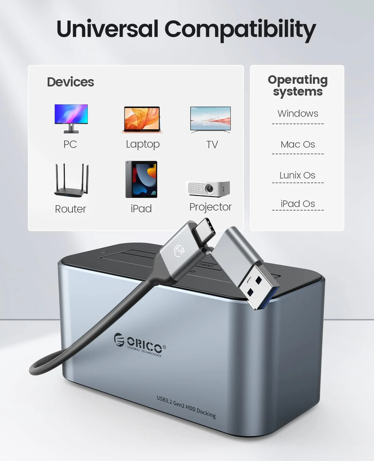 ORICO aluminiowa stacja dokująca do dysku twardego 6 Gbps USB 3.2 Gen 2 SATA 2,5/3,5 cala 18 TB
