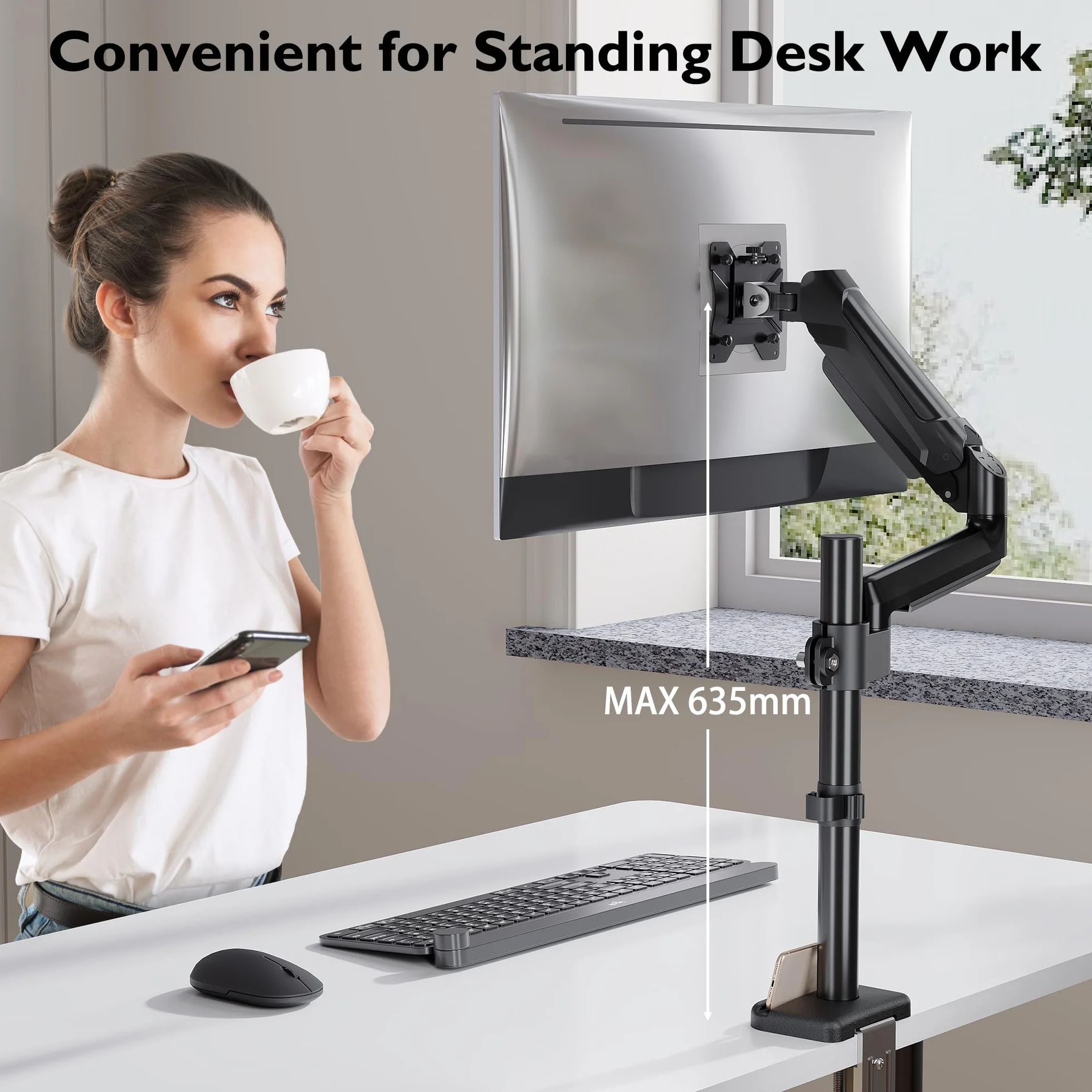 BONTEC Regulowany pojedynczy uchwyt do monitora 13–34 cale, ergonomiczny stojak z ramieniem na sprężynie gazowej i słupkiem, udźwig 9 kg, VESA 75x75mm i 100x100mm