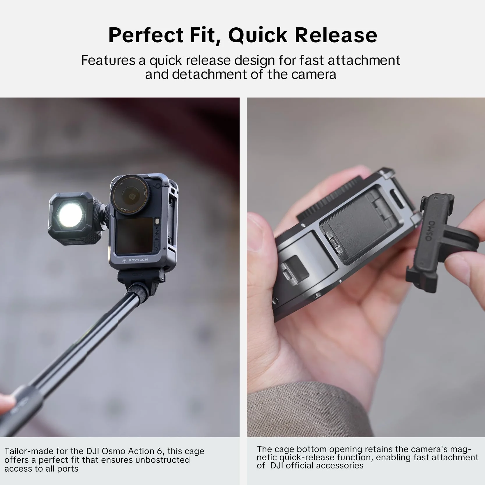 PGYTECH Klatka Aparatu do DJI Osmo Action 6 Obudowa ze Stopu Aluminium 1/4" Zimna Stopka Magnetyczne Szybkie Zwolnienie