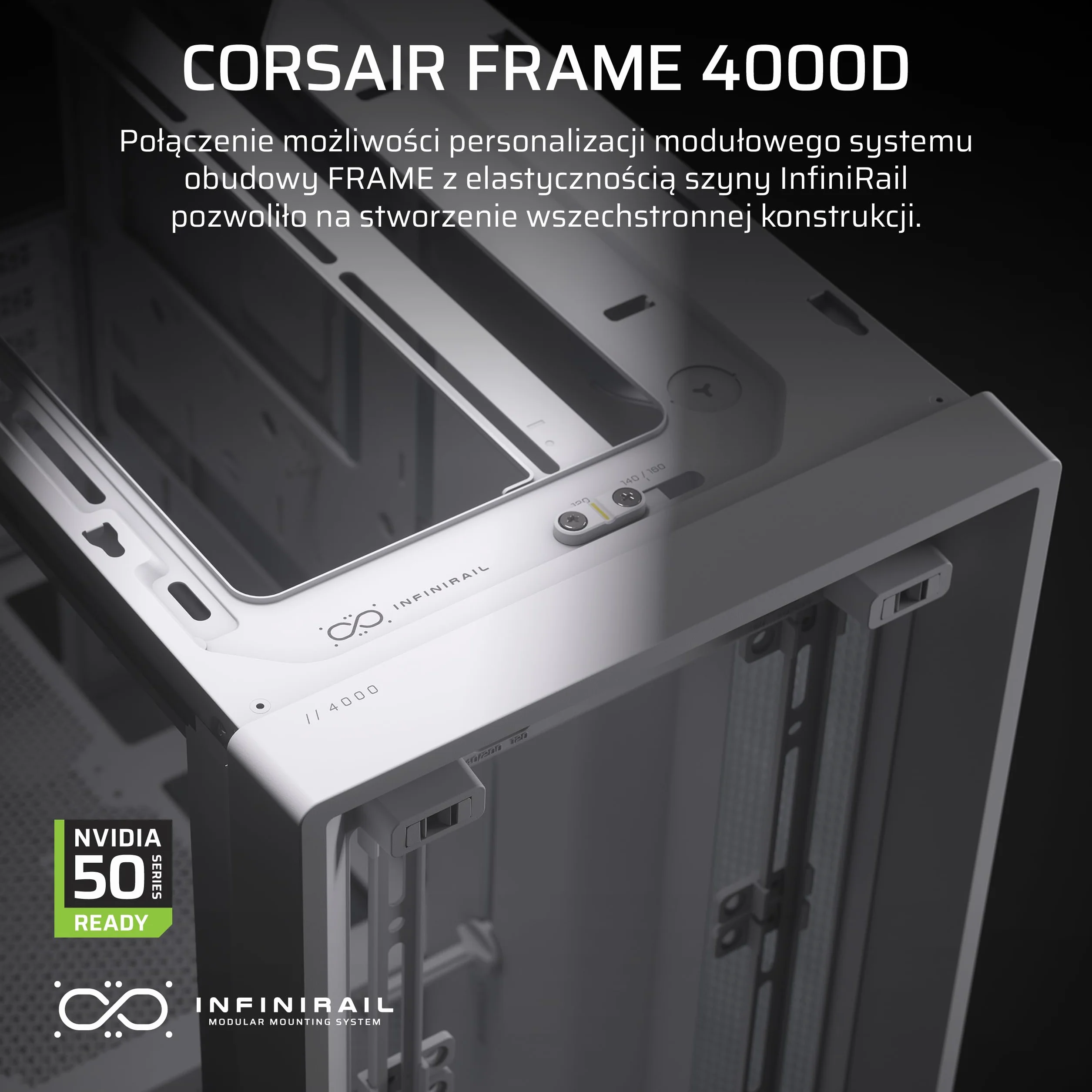 CORSAIR FRAME 4000D Modułowa Mid–Tower ATX Obudowa Komputerowa – Wysoki Przepływ Powietrza, System Montażu Wentylatorów InfiniRail™, Obsługa Dwóch Chłodnic 360mm – Biały