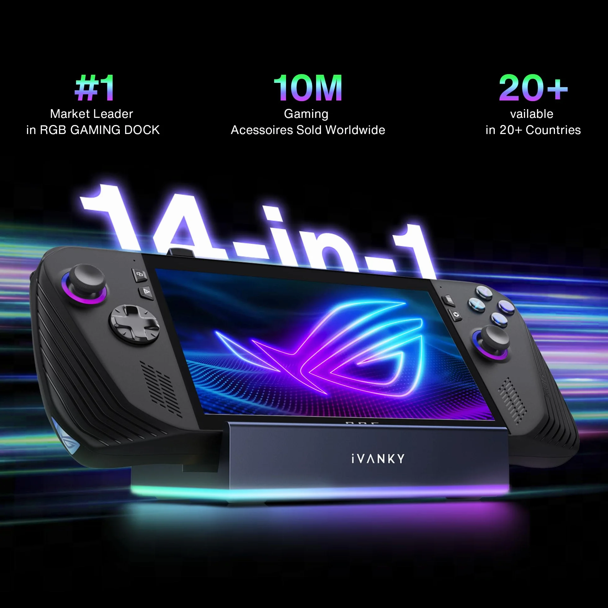 iVANKY 14-in-1 RGB ROG Ally Dock met HDMI 2.1 4K@120Hz, 1Gbps Ethernet, USB 3.2 10Gbps, gniazdka SD/TF, 100W USB-C Opladen, Docking Station Compatibel met ASUS Alloy/Legion go/Valve Steam Deck